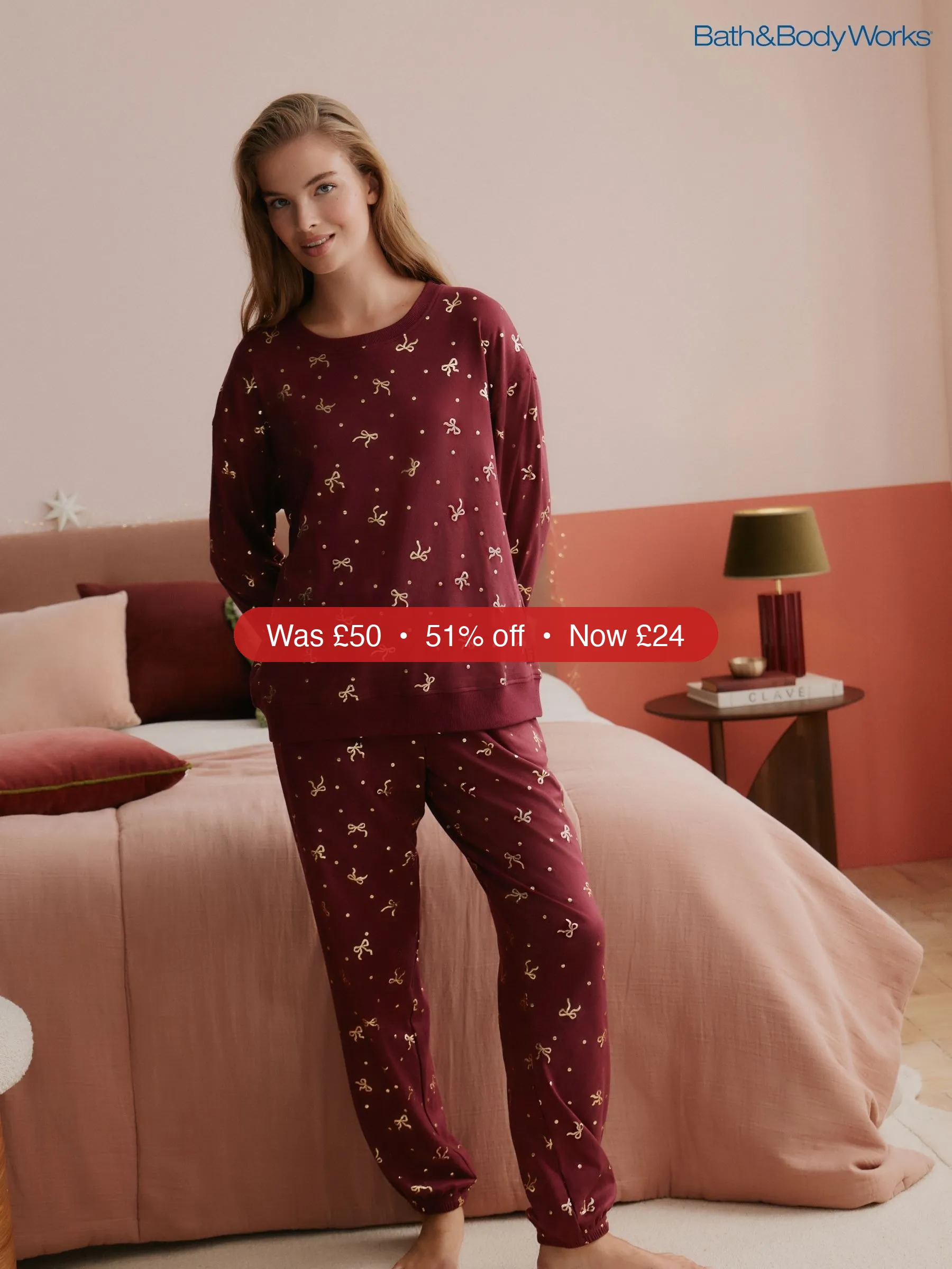 Next Bath & Body Works Burgundy Red Bow Cosy Twosie Pyjamas - 51% Off