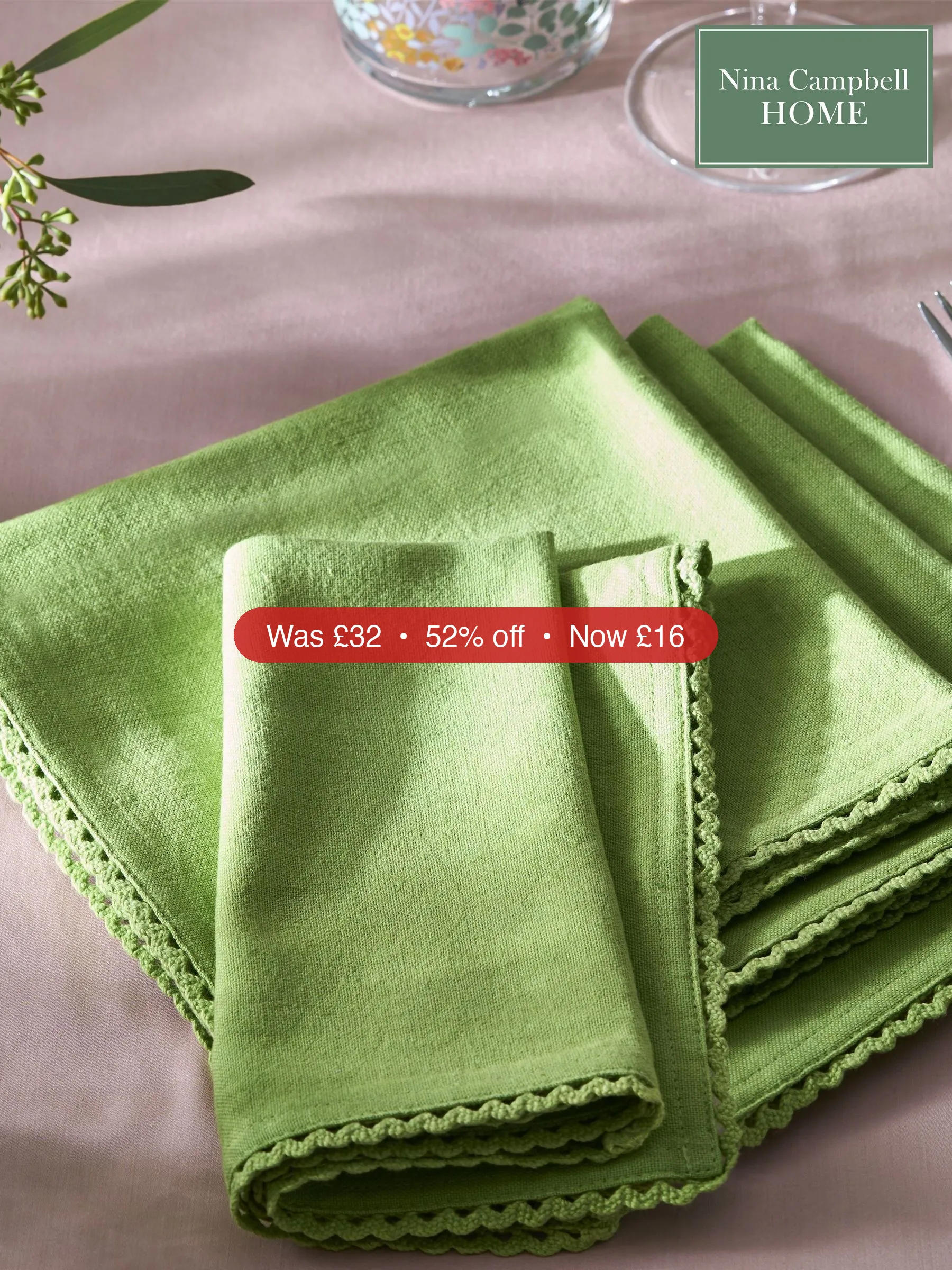 Next Nina Campbell Set of 4 Green Lace Trimmed Napkins - 52% Off
