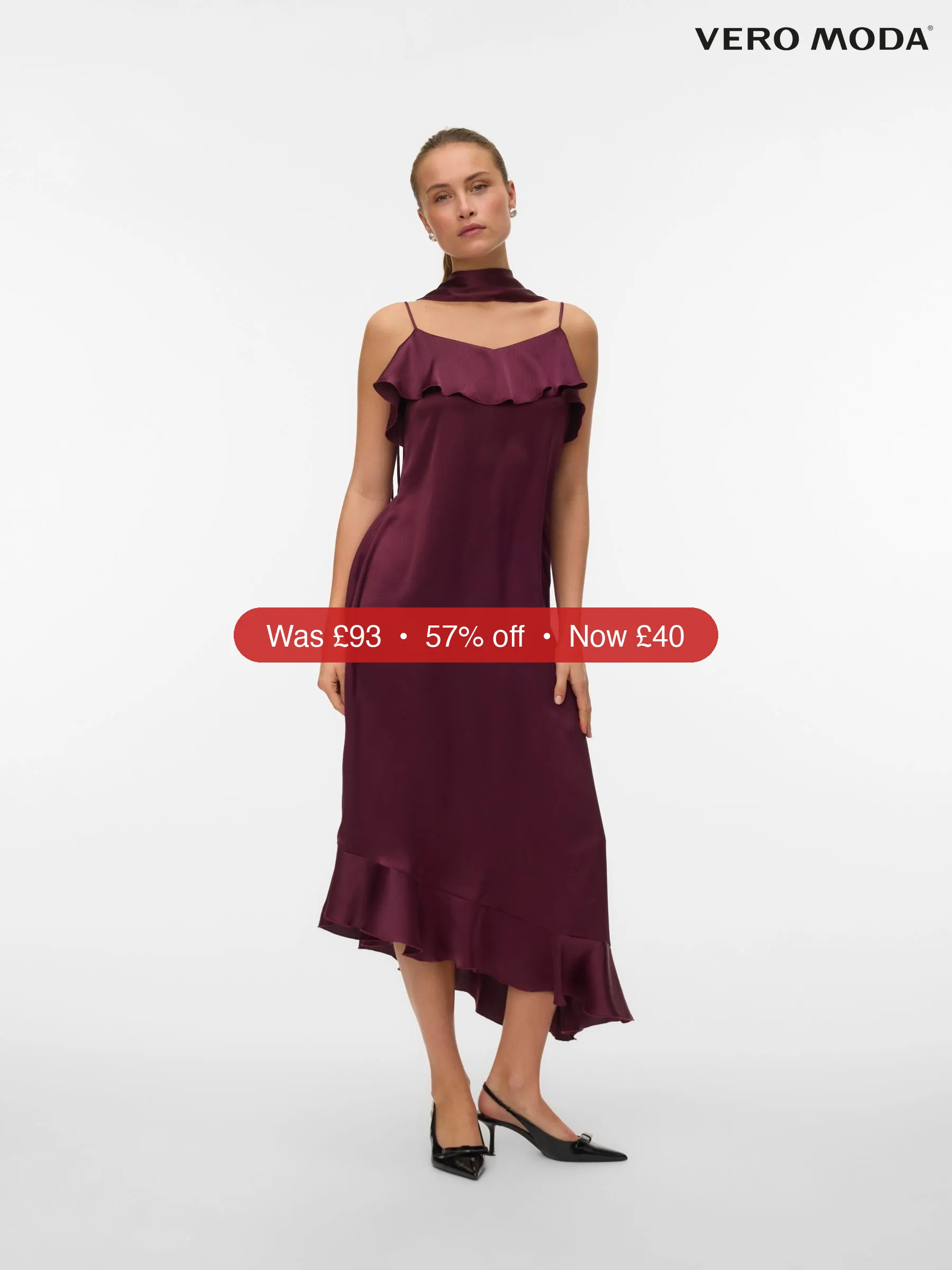 Next VERO MODA Burgundy Satin Frill Detail Scarf Dress - 57% Off
