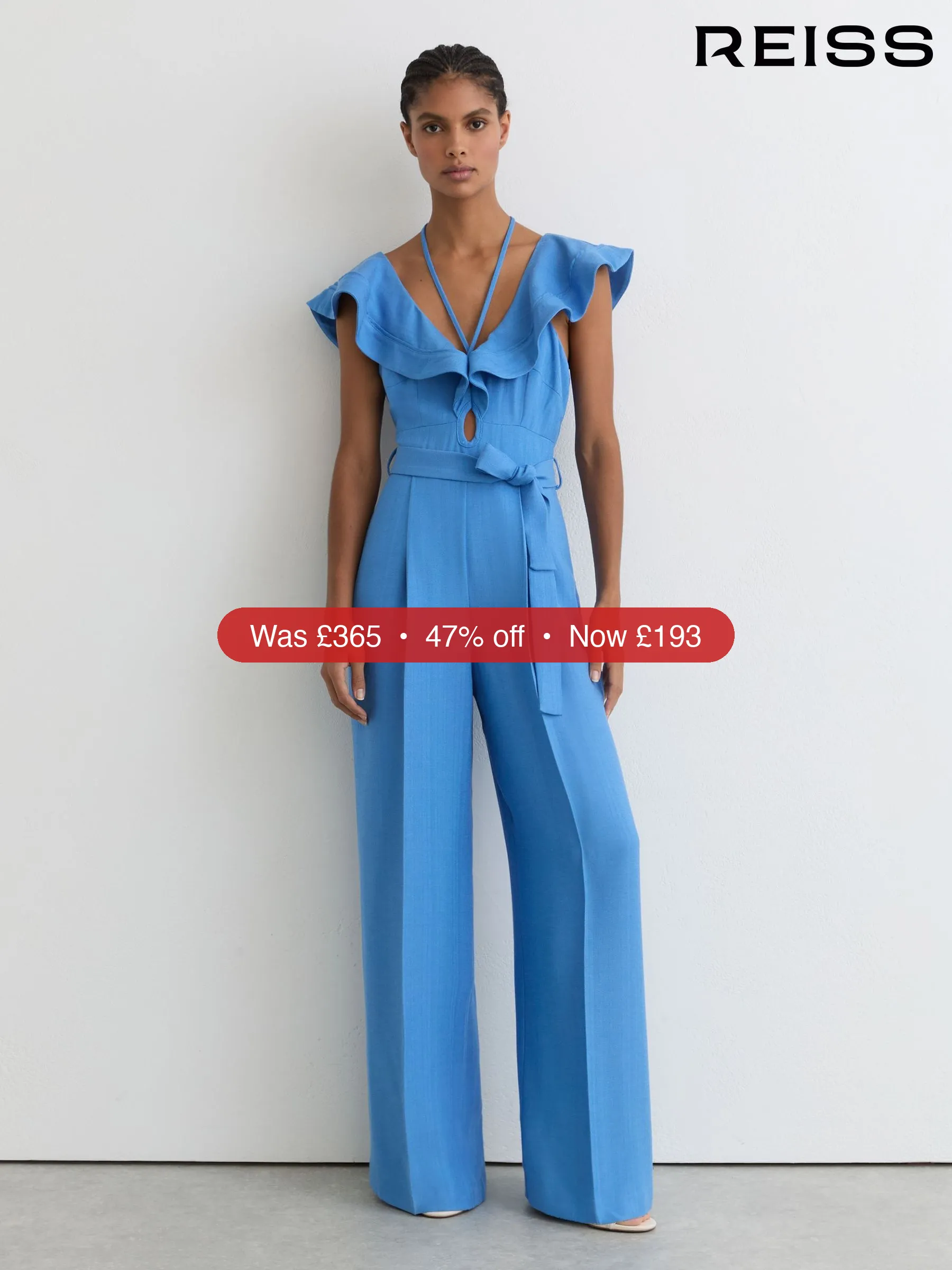 Next Reiss Blue Sophia Ruffle Tie-Neck Wide-Leg Jumpsuit - 47% Off