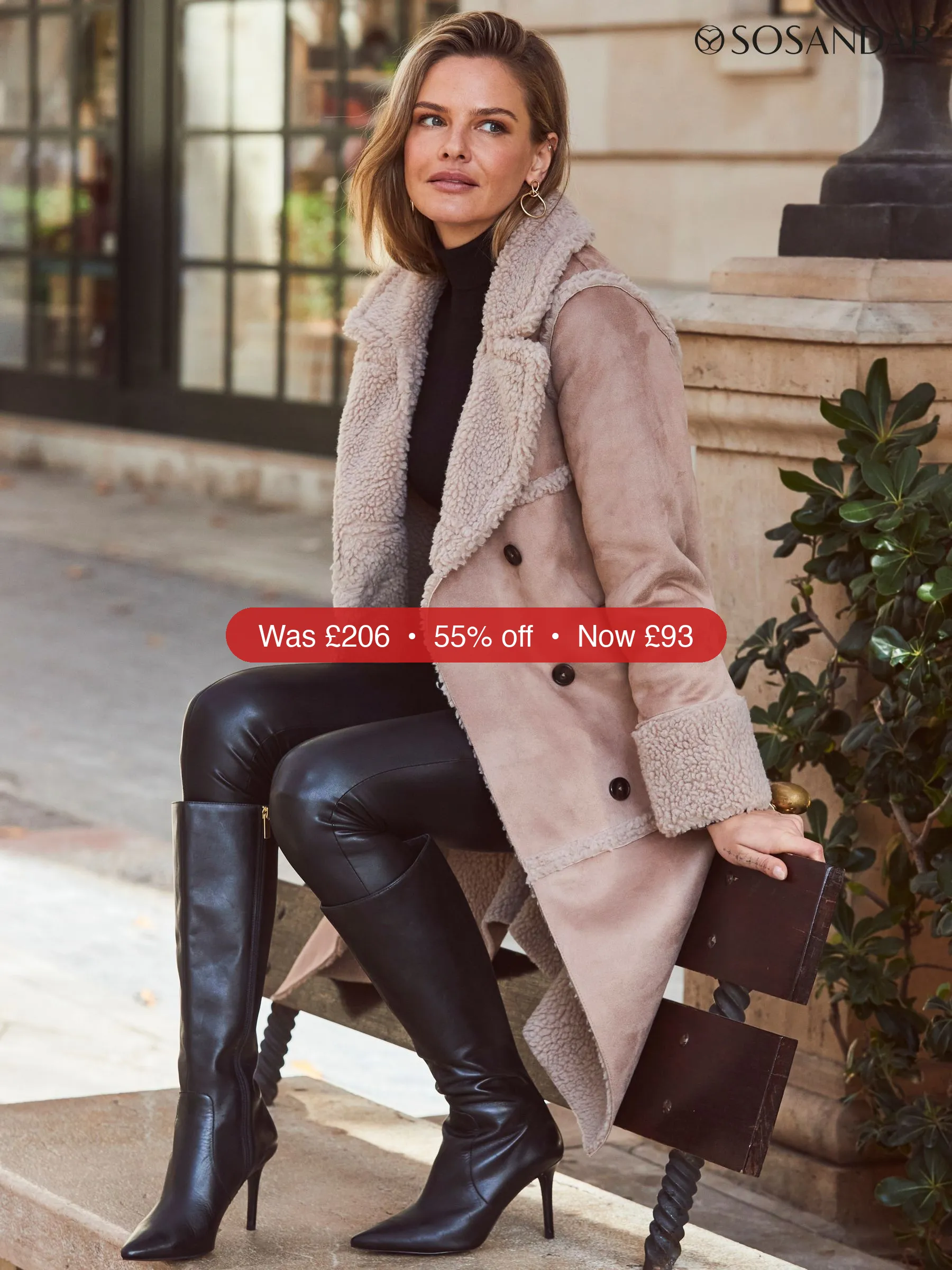 Next Sosandar Natural Faux Suede & Shearling Double Breasted Coat - 55% Off