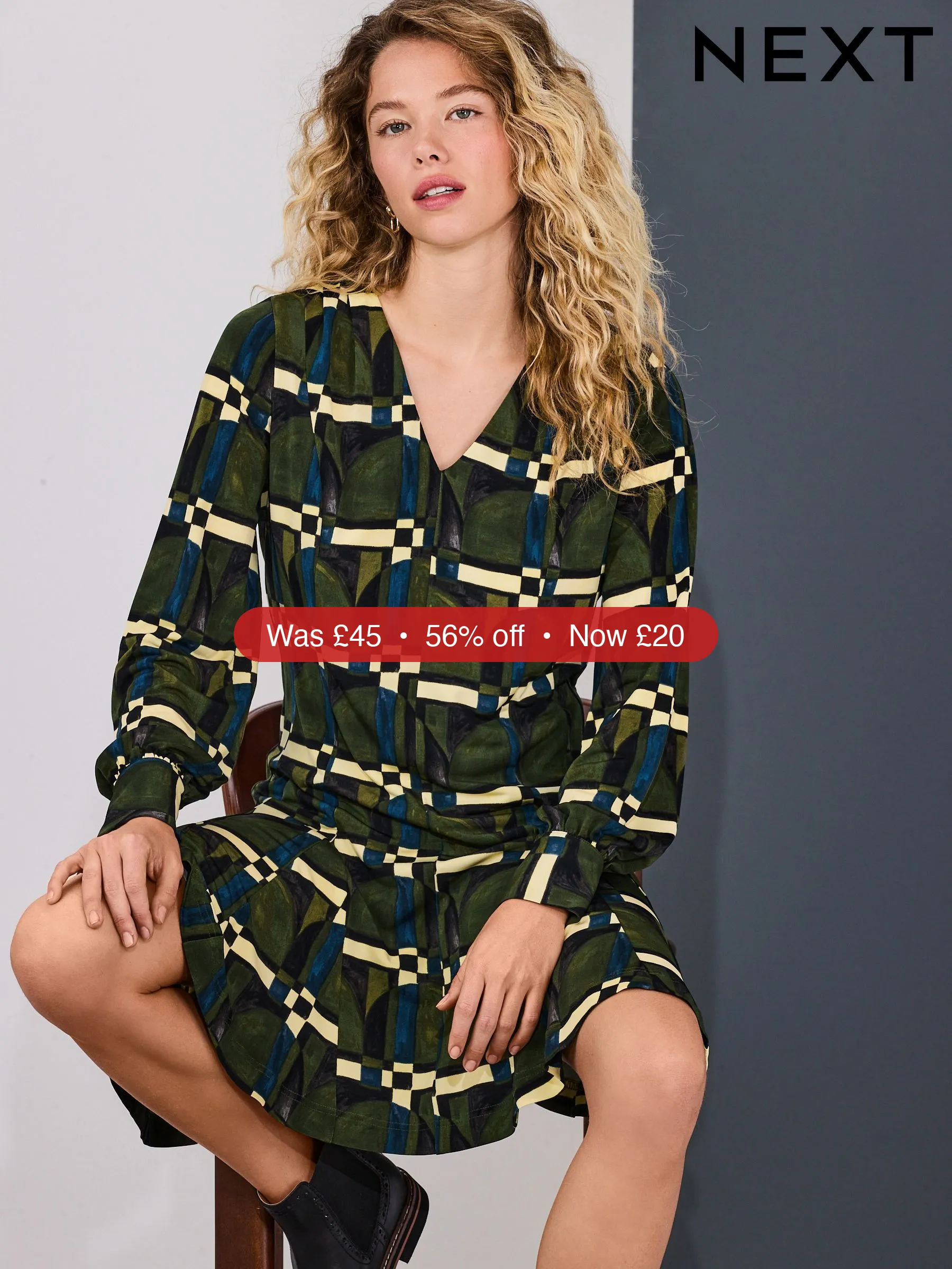 Next Green Geo Print Long Sleeve A-Line Mini Dress - 56% Off