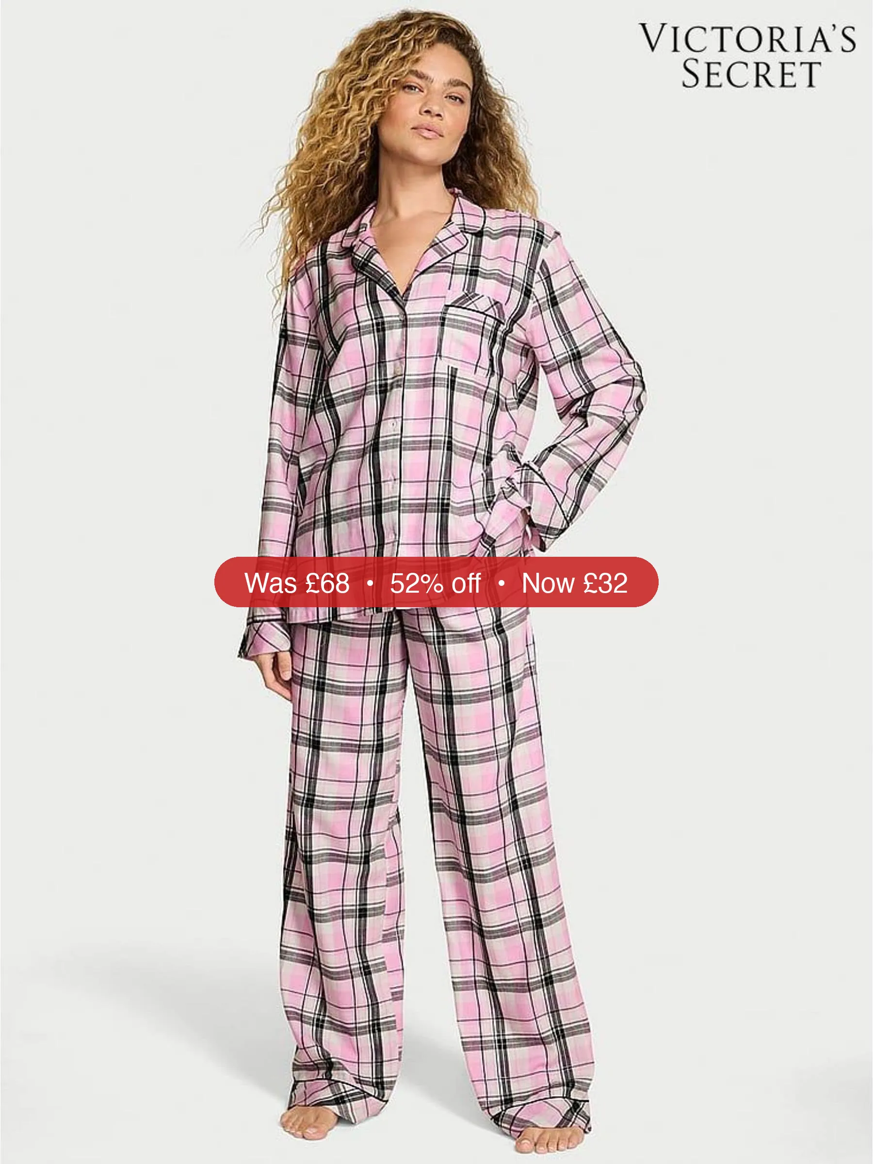 Next Victoria's Secret Pink/Black Tartan Flannel Long Pyjamas Set - 52% Off