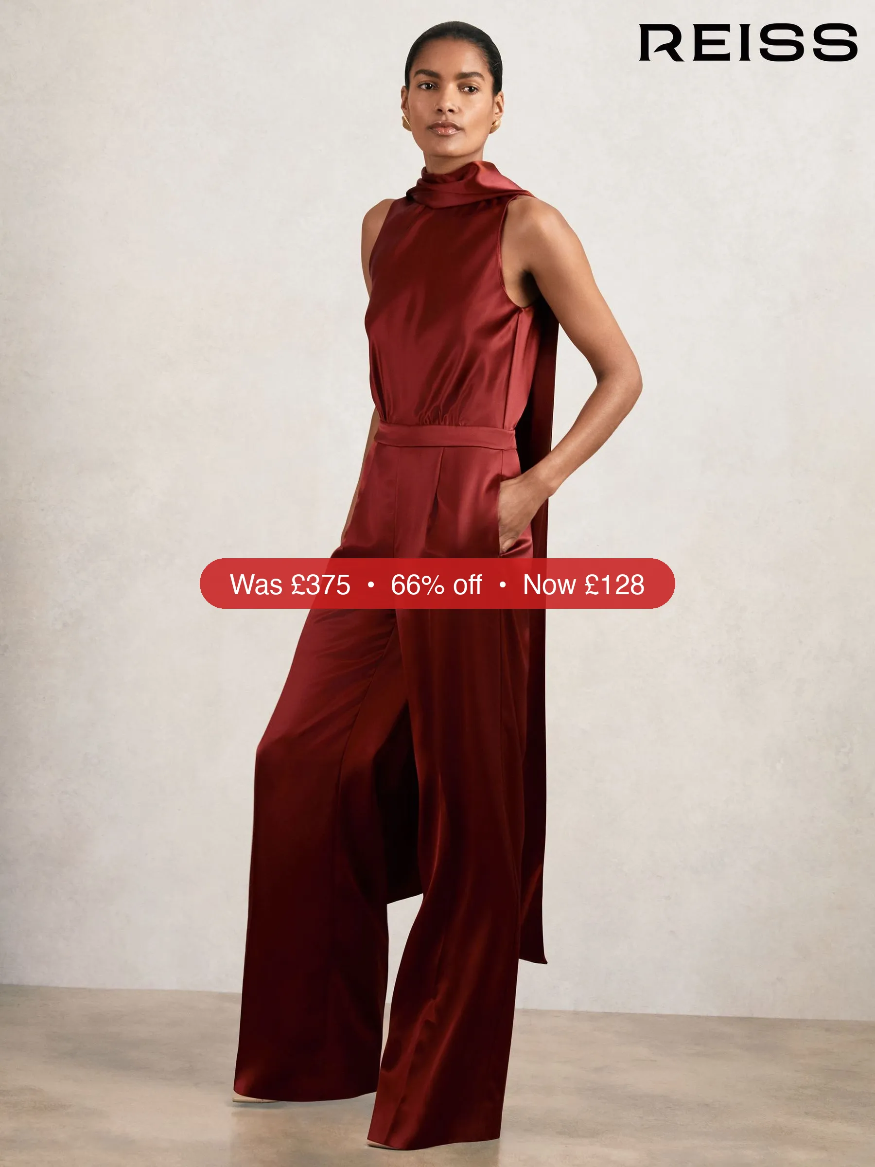 Next Reiss Dark Red Farah Satin Cape-Sash Jumpsuit - 66% Off