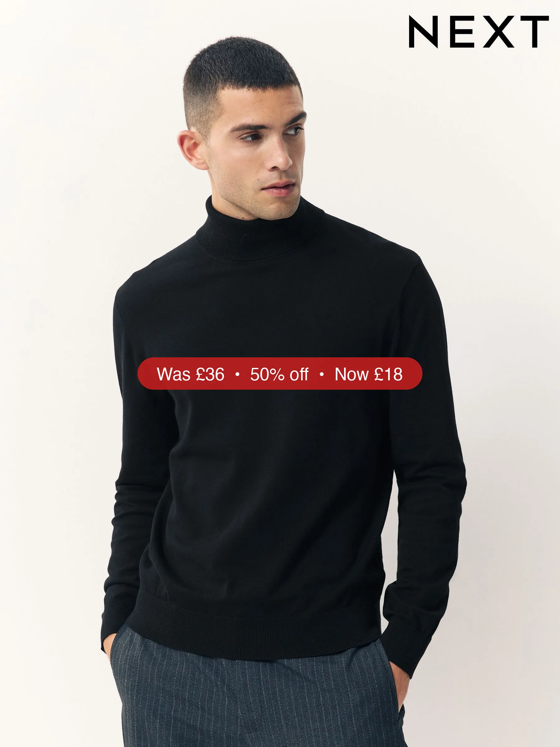 Next Black Regular Fit Cotton Rich Roll Neck Jumper - 50% Off
