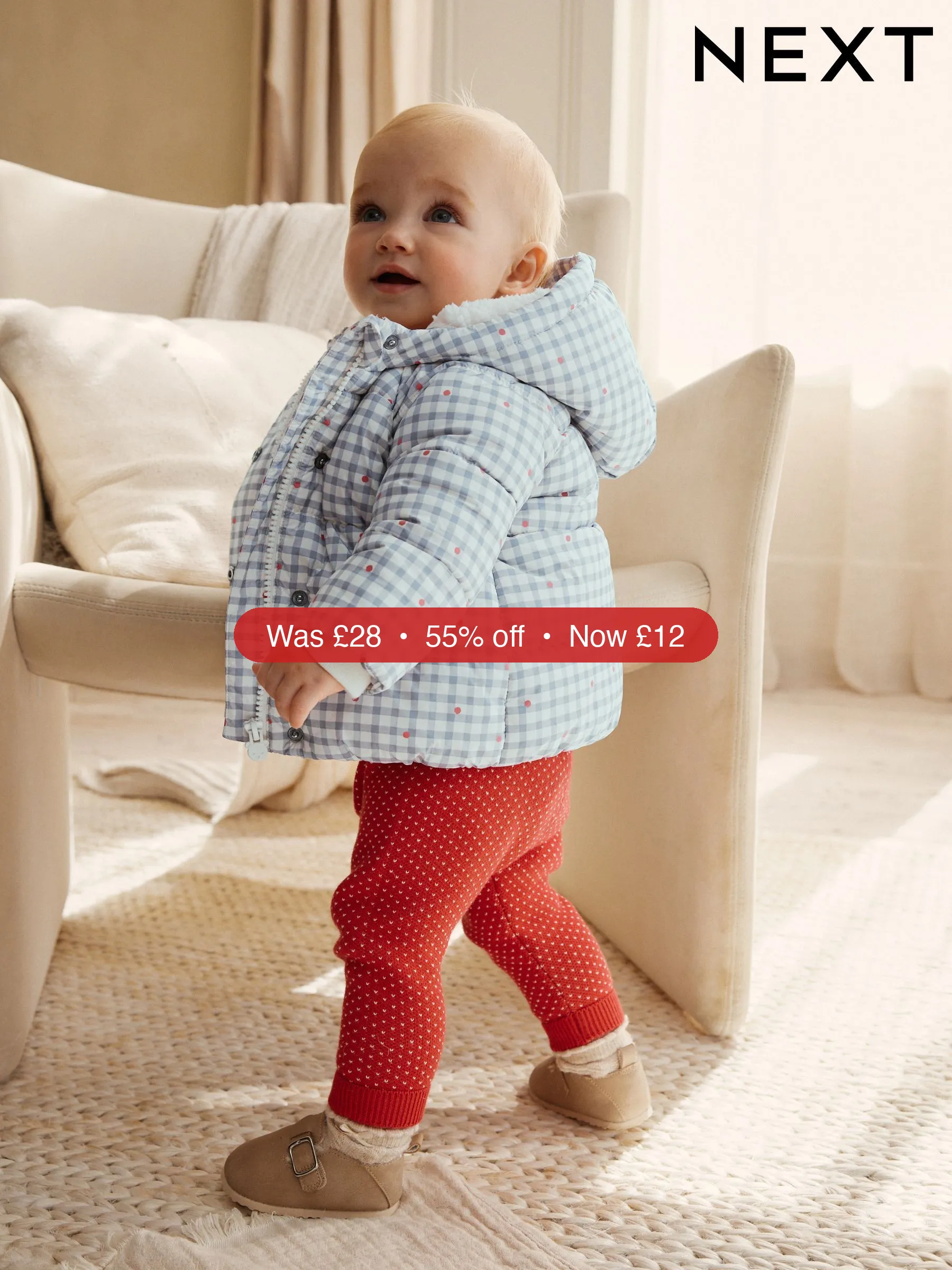 Next Grey Gingham Hooded Baby Padded Jacket (0mths-2yrs) - 55% Off