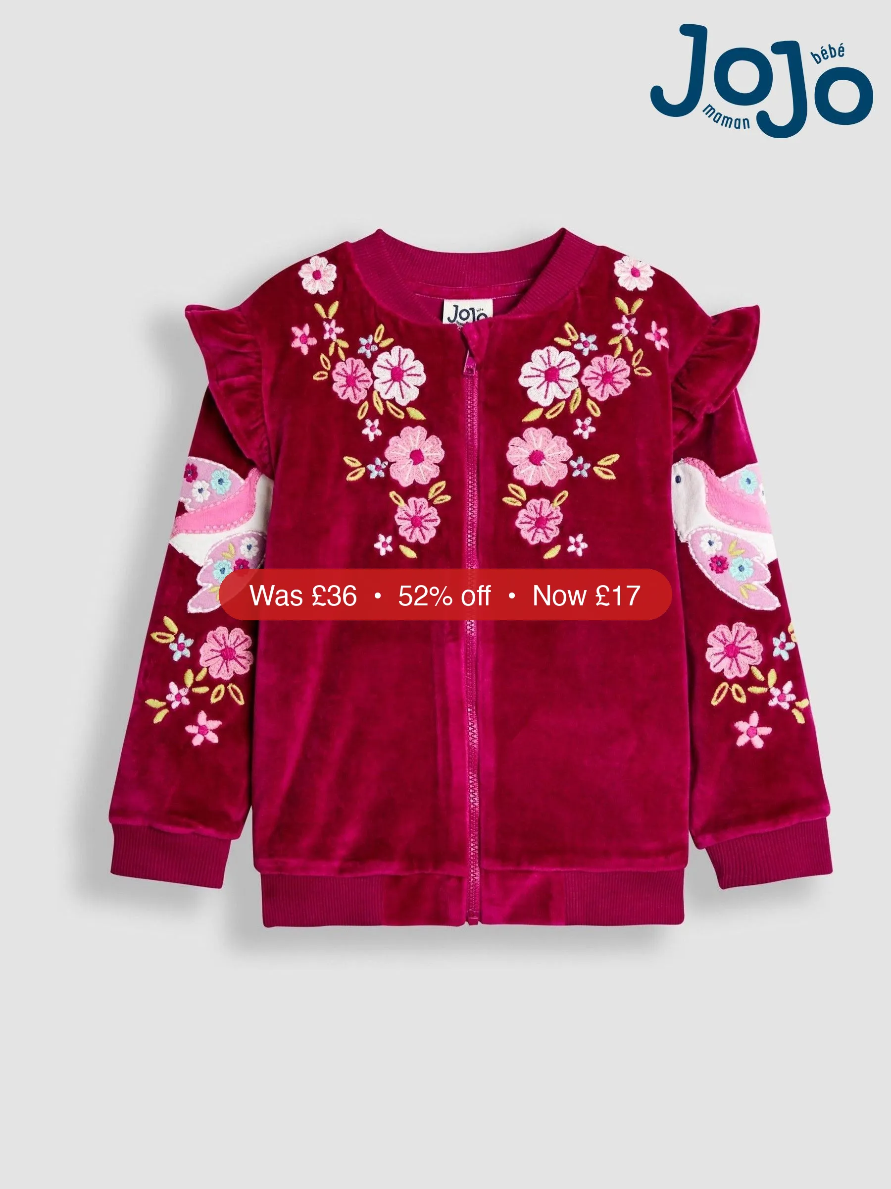 Next JoJo Maman Bébé Berry Floral Bird Embroidered Frill Velour Jacket - 52% Off