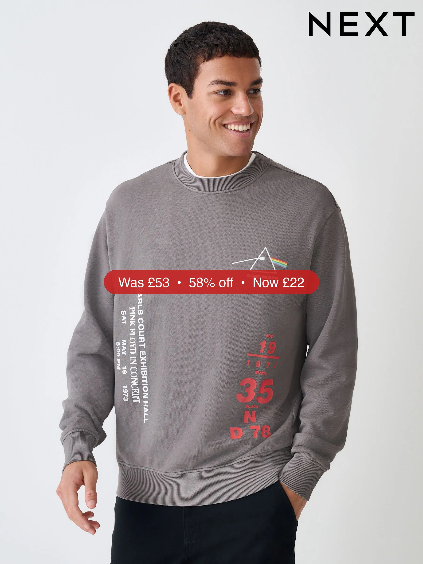 Next Charcoal Grey Washed Pink Floyd Graphic Crew Sweatshirt - 58% Off
