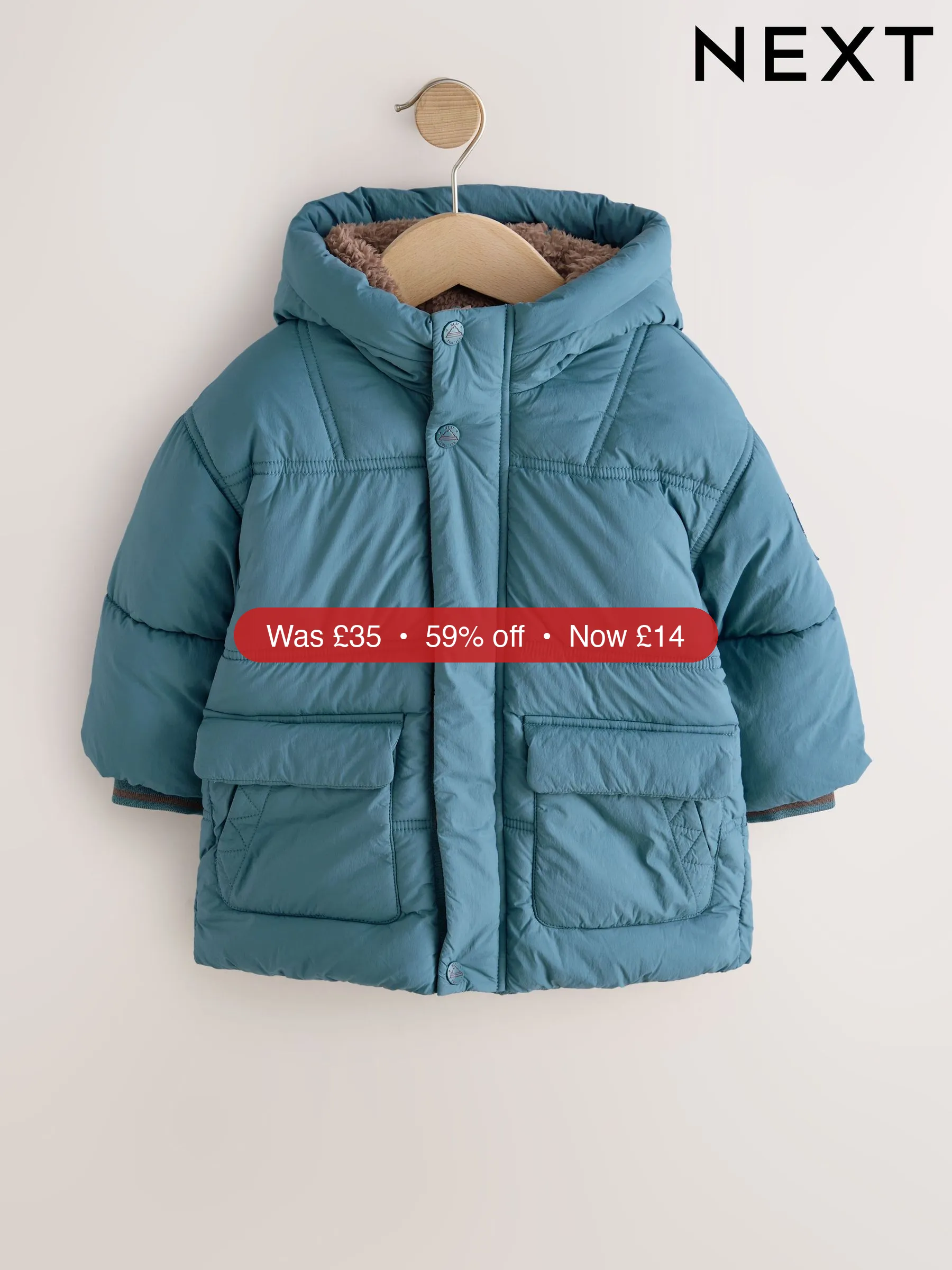 Next Blue Borg Lined Padded Shower Resistant Coat (3mths-7yrs) - 59% Off
