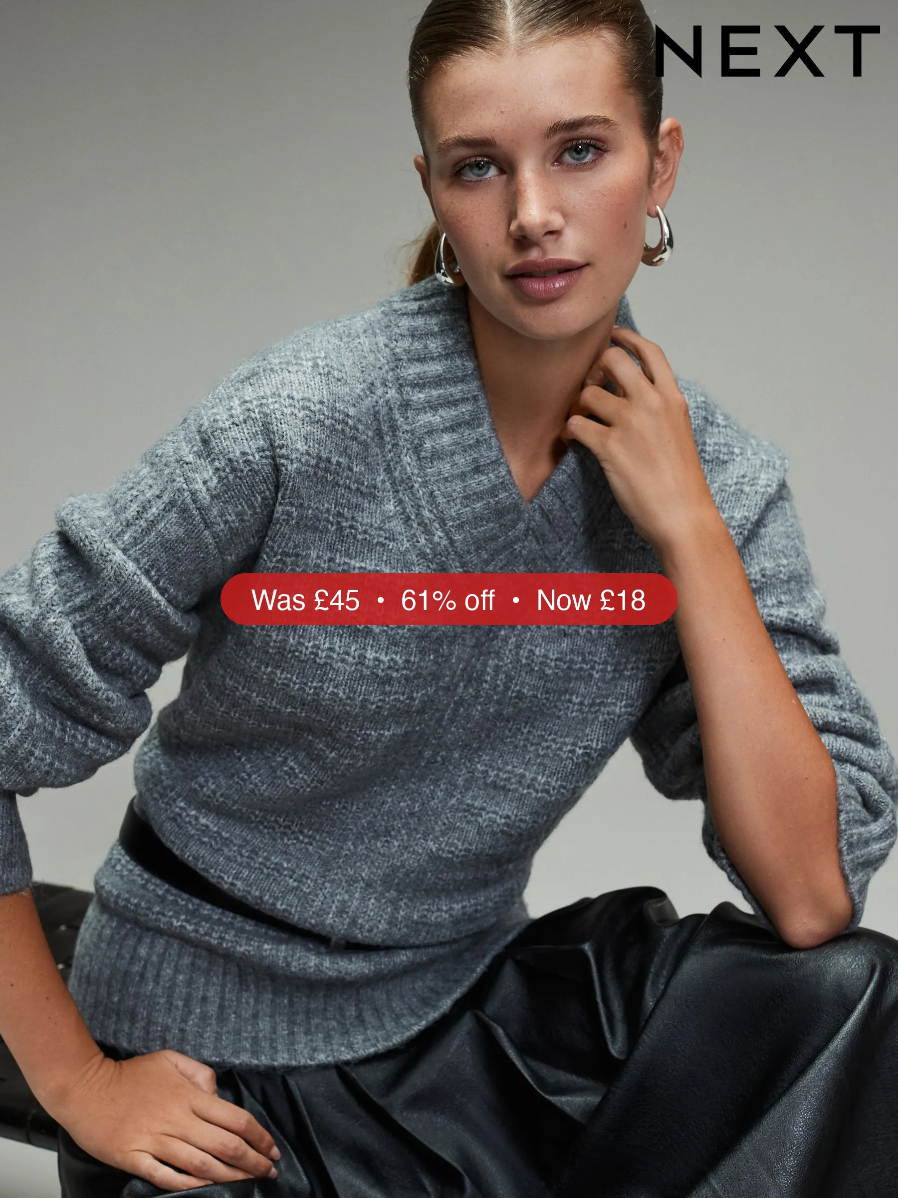 Next Grey Ribbed Longline V-Neck Jumper With Wool - 61% Off