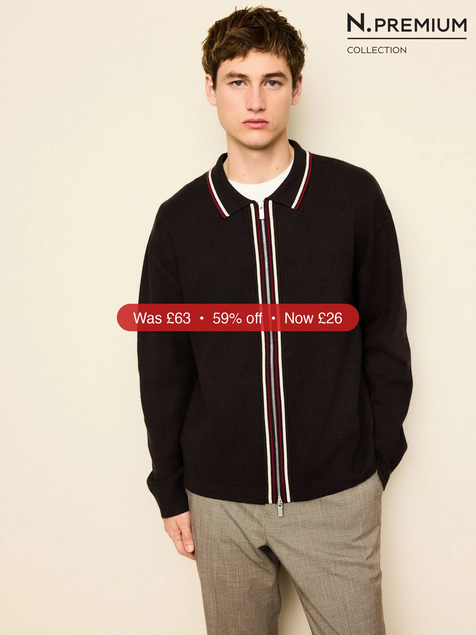 Next Brown N. Premium Regular Fit Mid Weight Tipped Zip Through Collared Cardigan - 59% Off