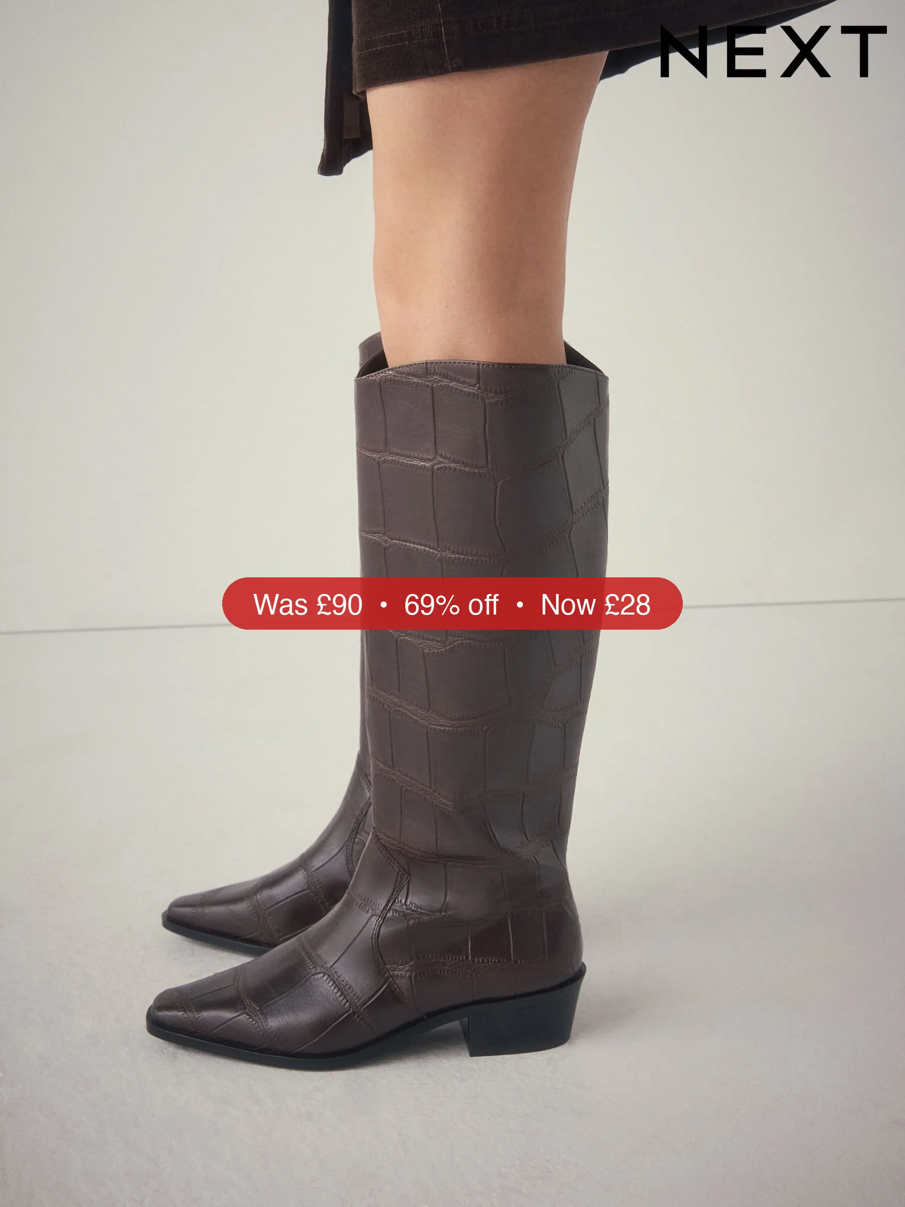 Next Chocolate Brown Croc Embossed Forever Comfort® Chisel Toe Knee High Boots - 69% Off