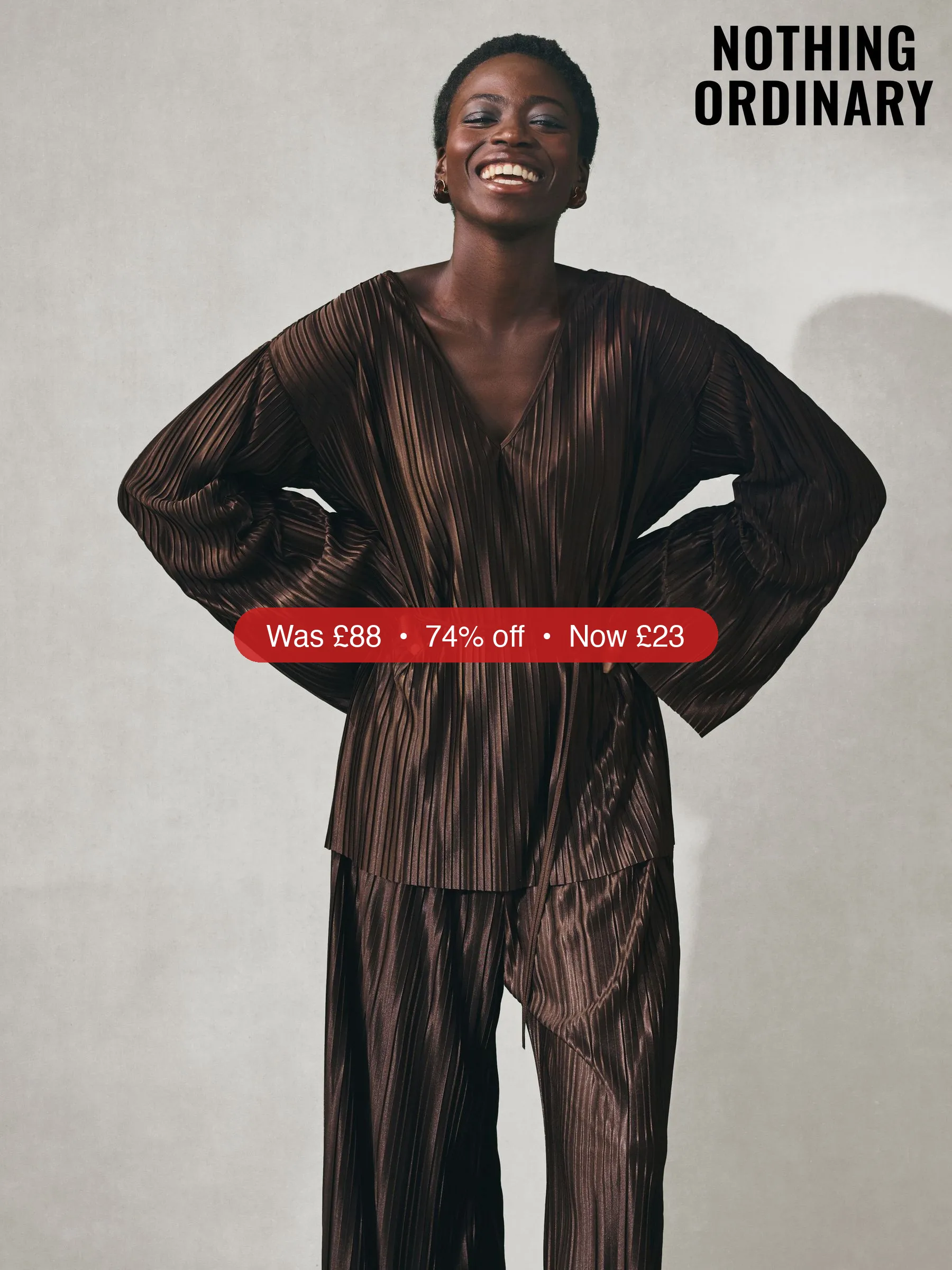 Next Nothing Ordinary Chocolate Brown V-Neck Plisse Long Sleeve Tie Waist Top - 74% Off