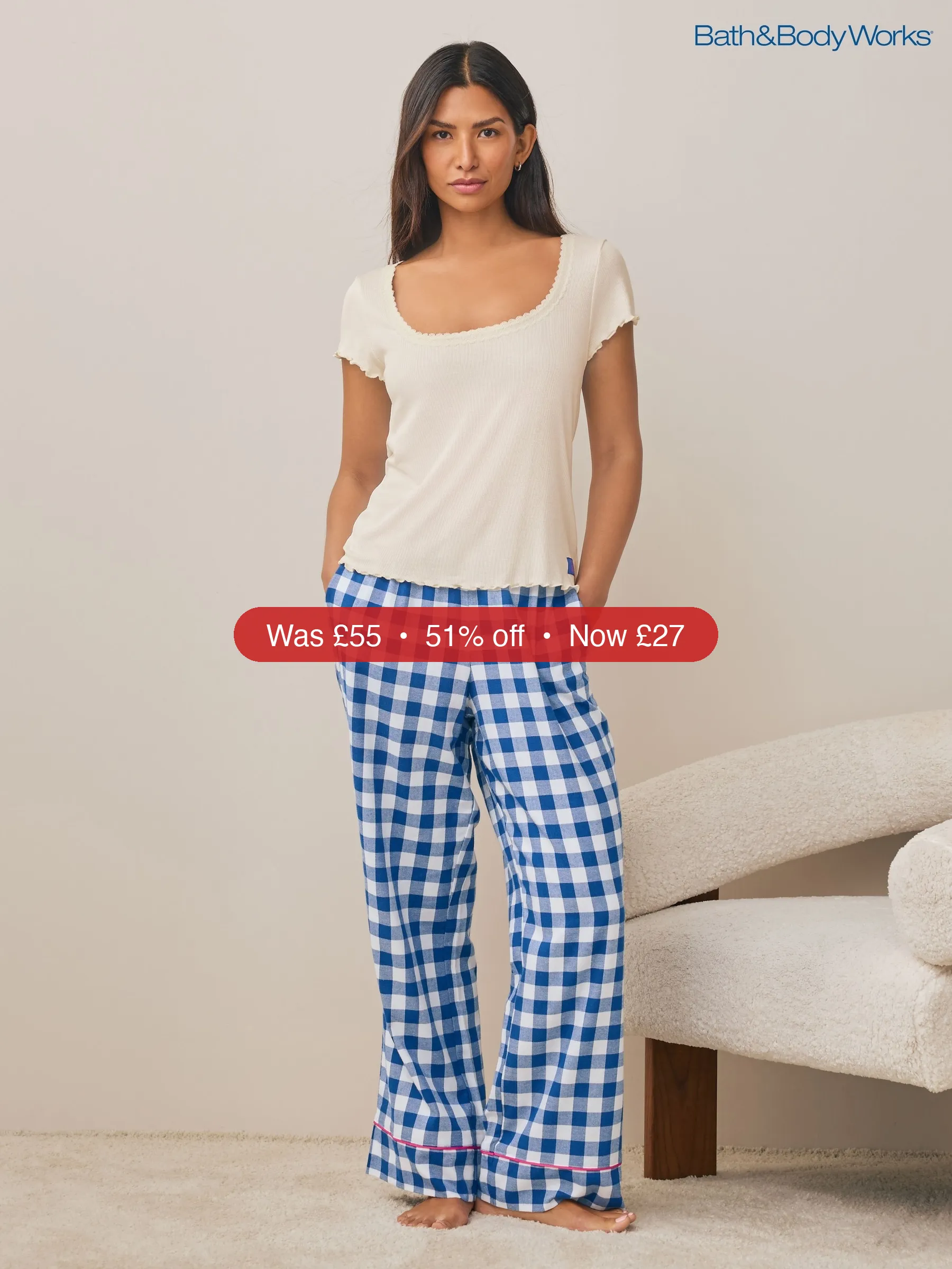 Next Bath & Body Works Blue Check Jersey Pyjamas - 51% Off