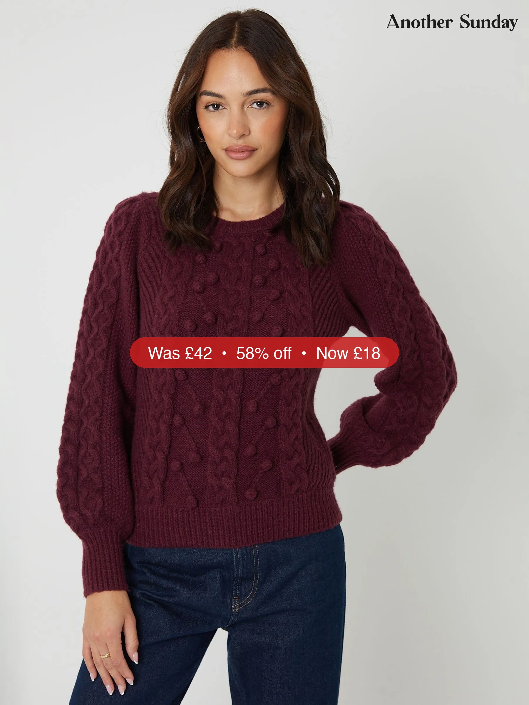 Next Another Sunday Red Bobble Cable Knit Crew Neck Jumper - 58% Off