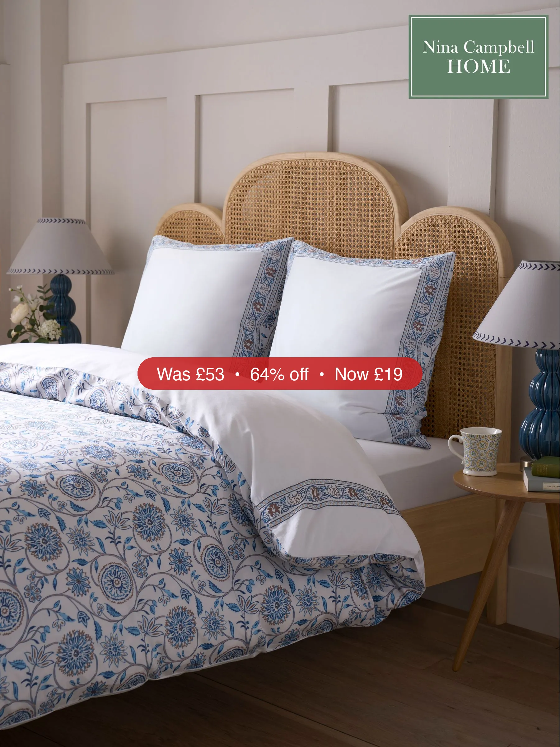 Next Nina Campbell Blue Indienne Embroidered 300 Thread Count Square Pillowcase Set of 2 - 64% Off