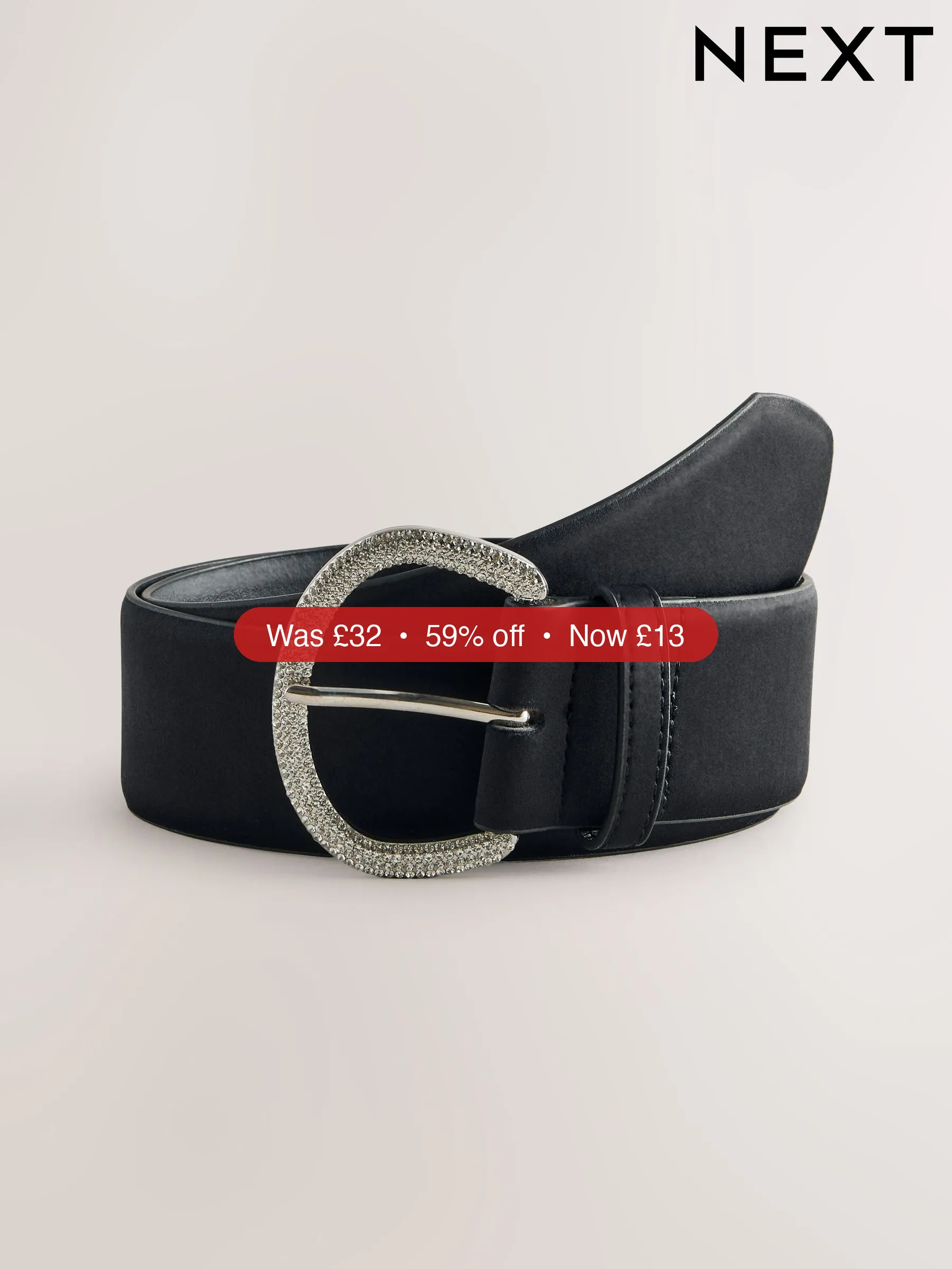 Next Black Satin Belt with Diamante Buckle - 59% Off