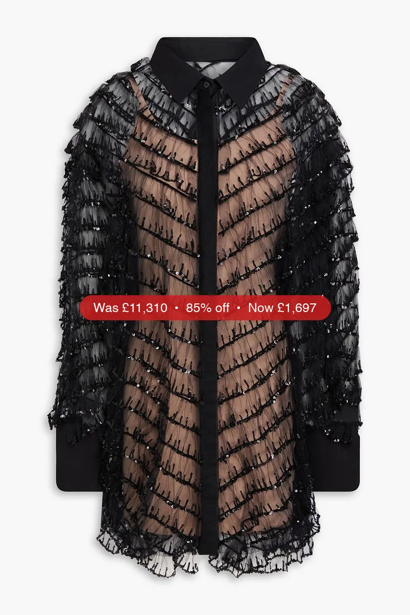 VALENTINO GARAVANI Tiered sequin-embellished tulle mini shirt dress - 85% Off