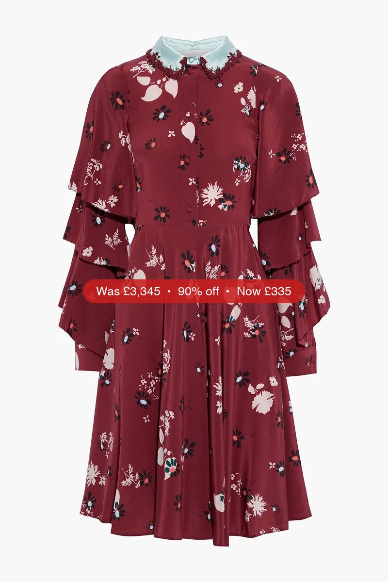 VALENTINO GARAVANI Tiered appliquéd floral-print silk crepe de chine dress - 90% Off