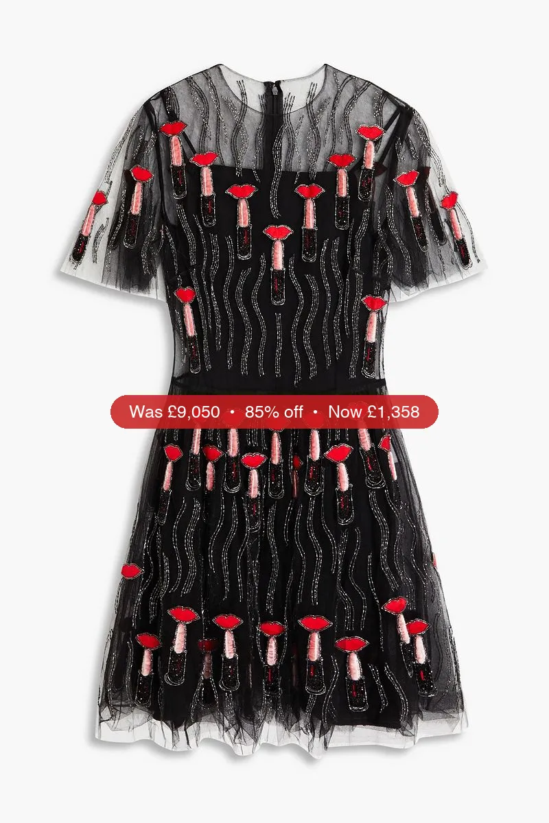 VALENTINO GARAVANI Embellished velvet-trimmed tulle mini dress - 85% Off