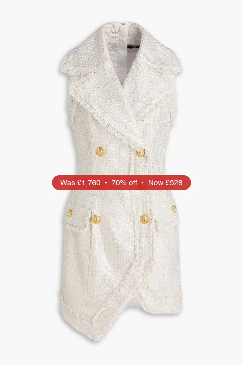 BALMAIN Metallic cotton-blend tweed mini tuxedo dress - 70% Off