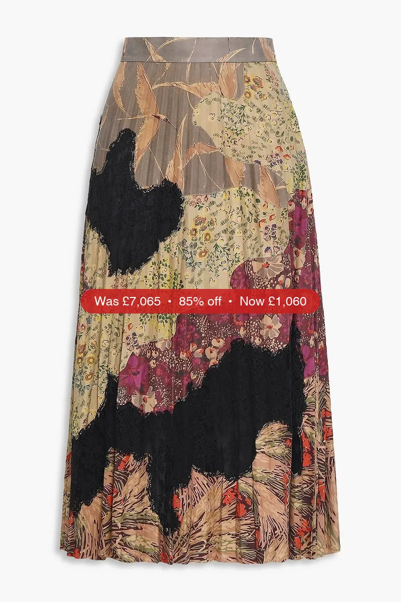 VALENTINO GARAVANI Pleated printed lace-paneled suede midi skirt - 85% Off