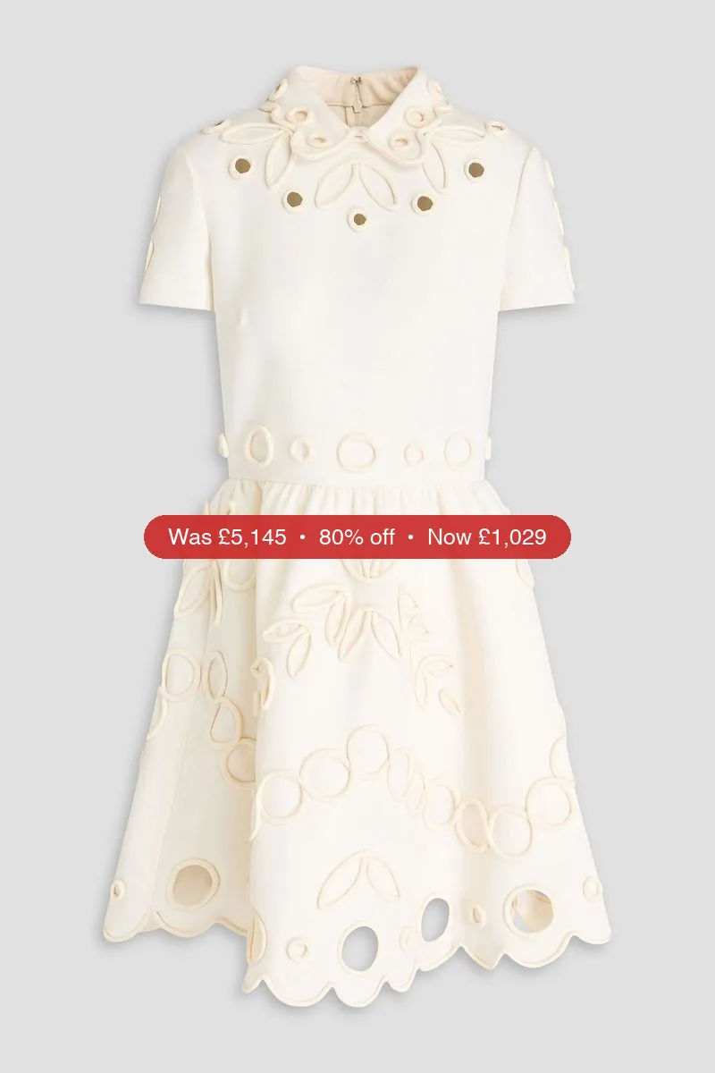 VALENTINO GARAVANI Appliquéd laser-cut wool-crepe mini dress - 80% Off