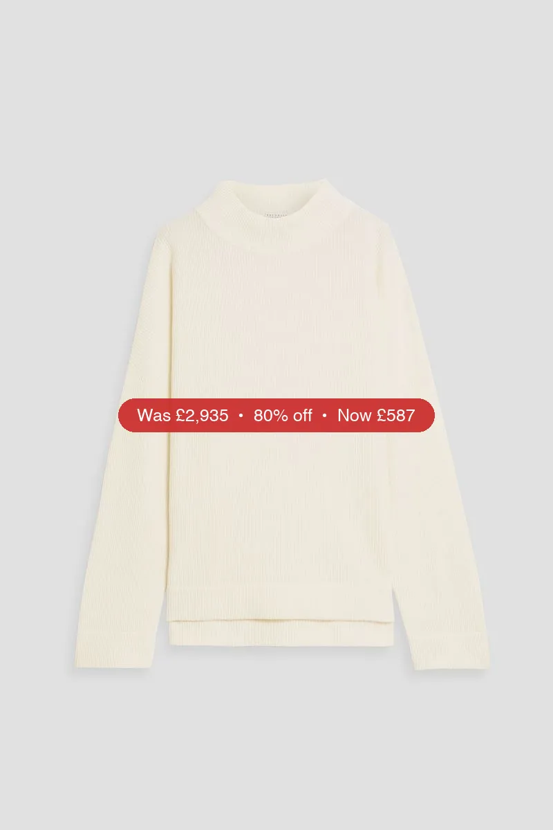 BRUNELLO CUCINELLI Bead-embellished ribbed cashmere mock-neck sweater - 80% Off