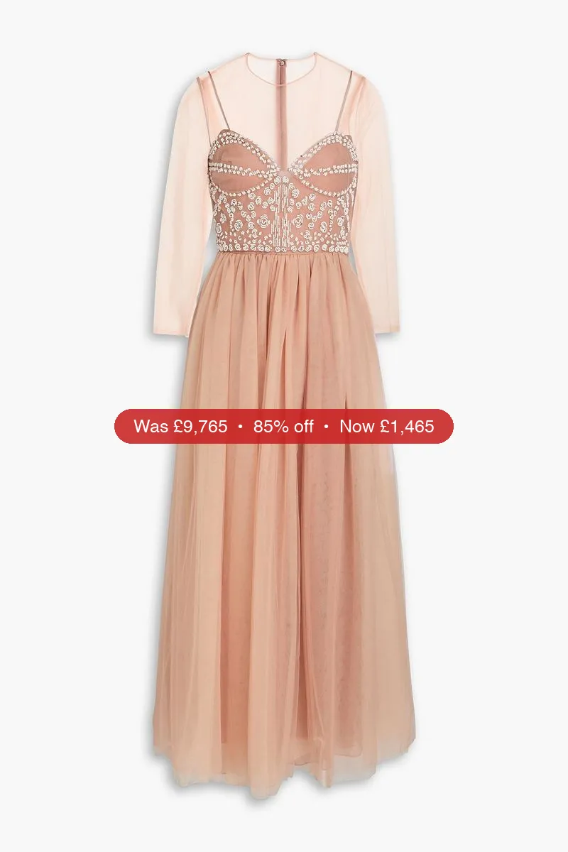 VALENTINO GARAVANI Bead-embellished silk-blend tulle maxi dress - 85% Off