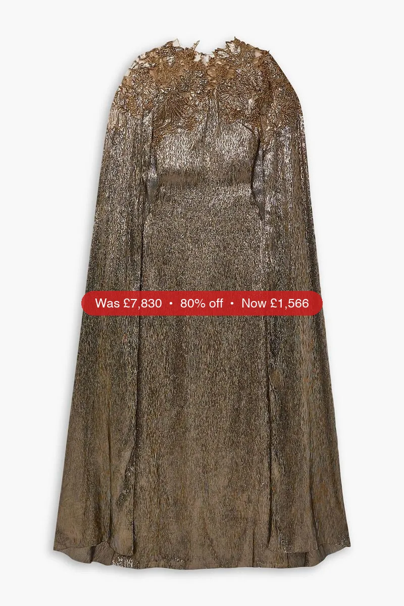 OSCAR DE LA RENTA Cape-effect embellished embroidered tulle-trimmed silk-blend lamé gown - 80% Off