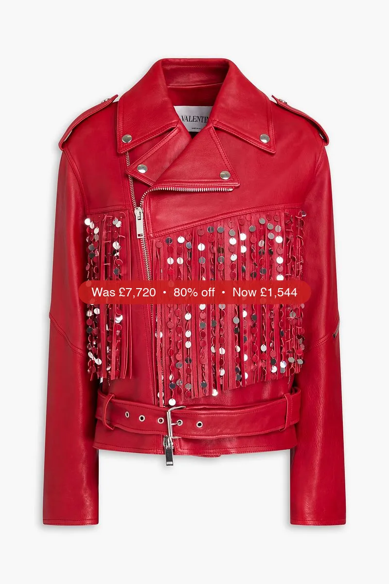 VALENTINO GARAVANI Fringed embellished leather biker jacket - 80% Off
