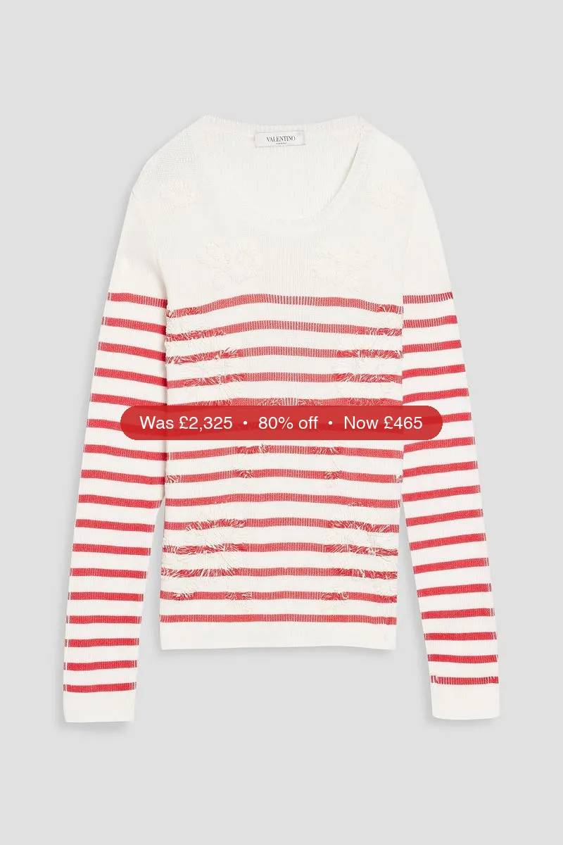 VALENTINO GARAVANI Striped embroidered ribbed cotton sweater - 80% Off