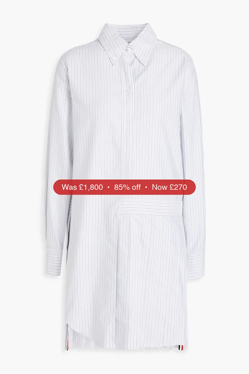 THOM BROWNE Asymmetric pleated striped cotton mini shirt dress - 85% Off
