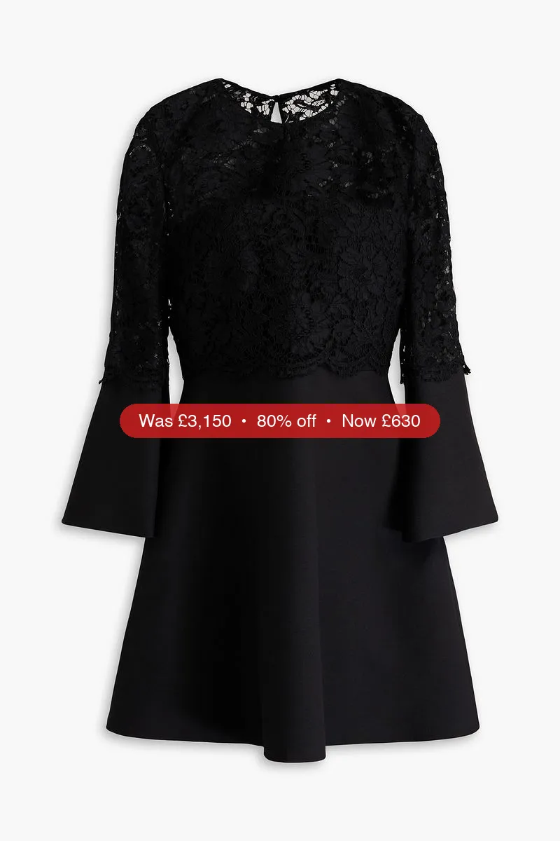 VALENTINO GARAVANI Corded lace-paneled wool and silk-blend crepe mini dress - 80% Off