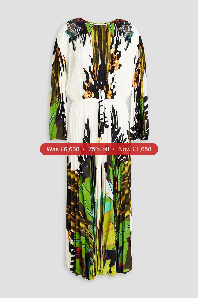 VALENTINO GARAVANI Belted printed plissé-silk crepe de chine midi dress - 75% Off