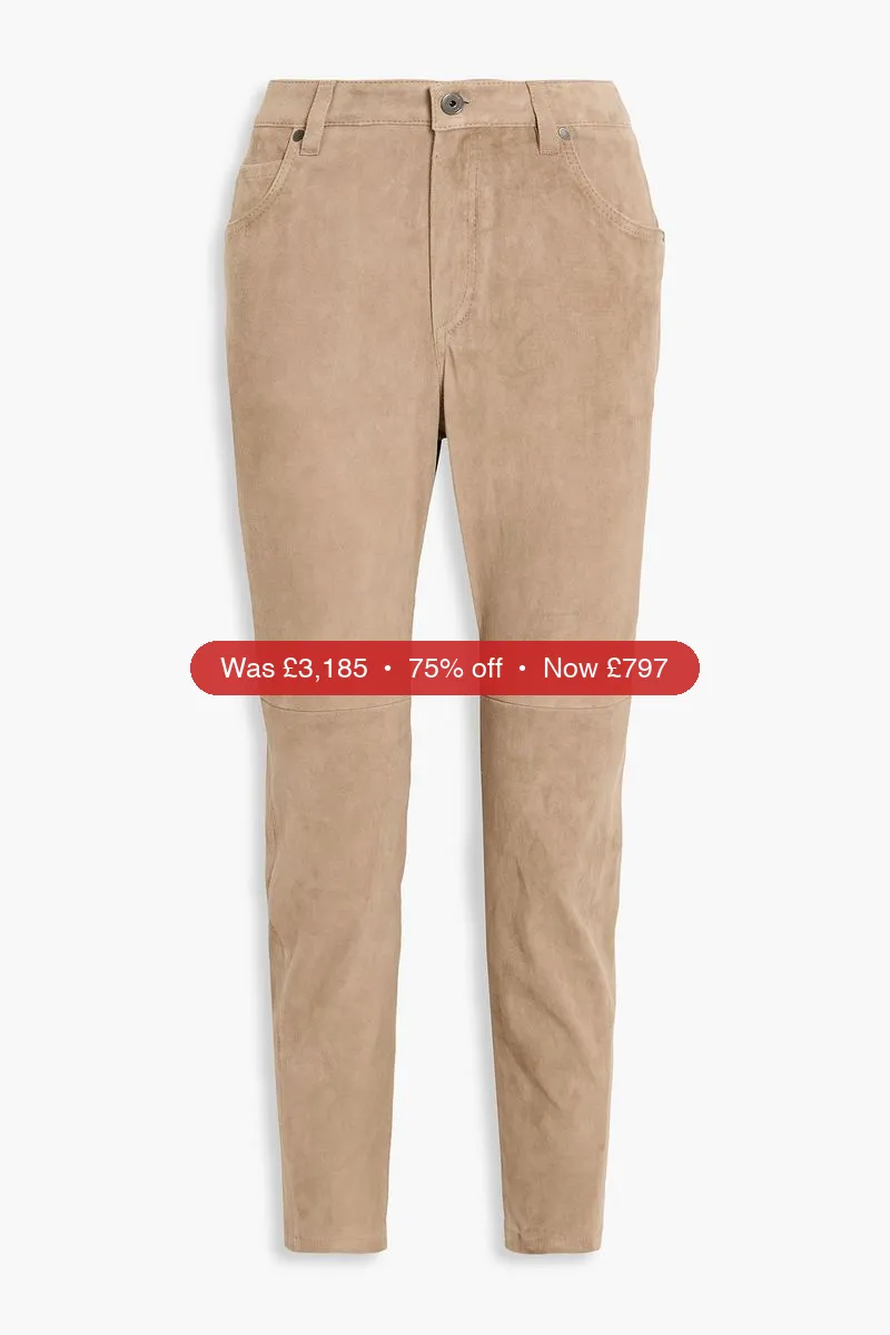 BRUNELLO CUCINELLI Bead-embellished suede slim-leg pants - 75% Off