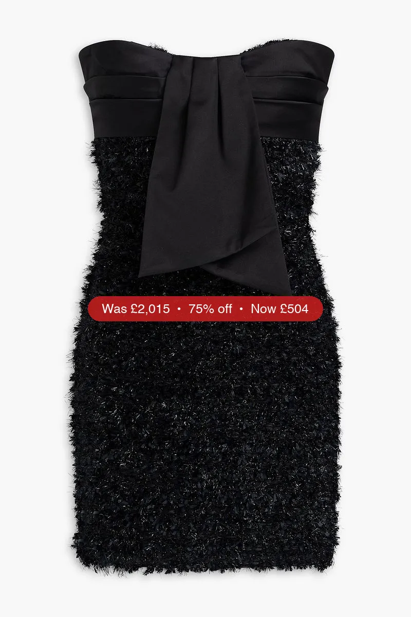 BALMAIN Strapless draped silk-blend satin and metallic tweed mini dress - 75% Off