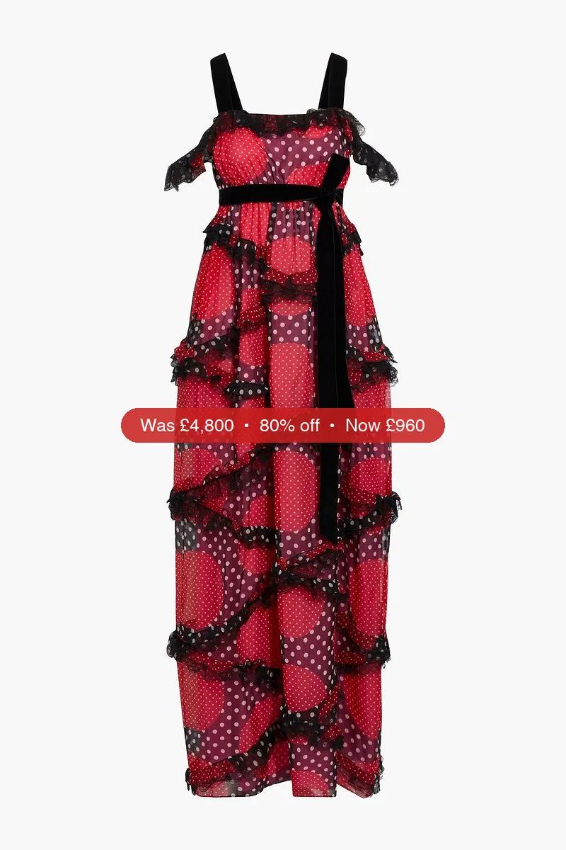 VALENTINO GARAVANI Cold-shoulder lace-trimmed polka-dot silk-chiffon maxi dress - 80% Off
