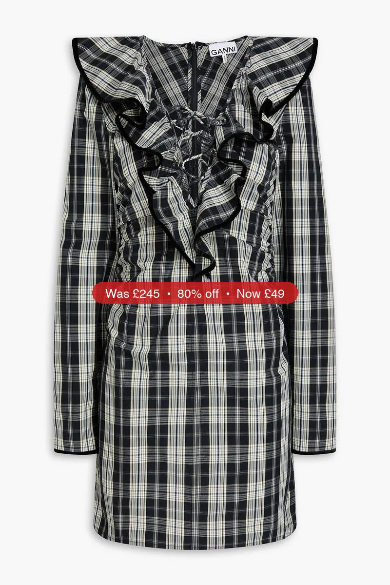 GANNI Ruffled checked cotton-poplin mini dress - 80% Off