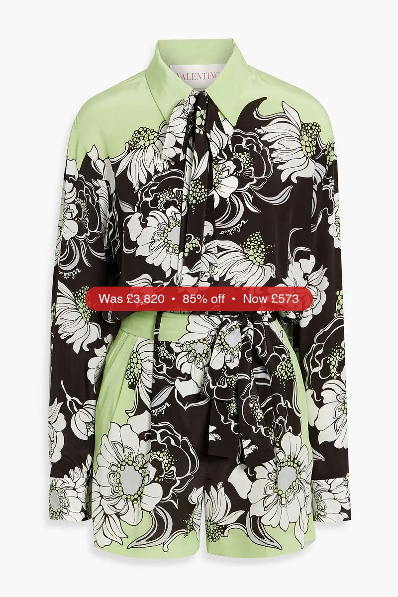 VALENTINO GARAVANI Pussy-bow floral-print silk crepe de chine playsuit - 85% Off