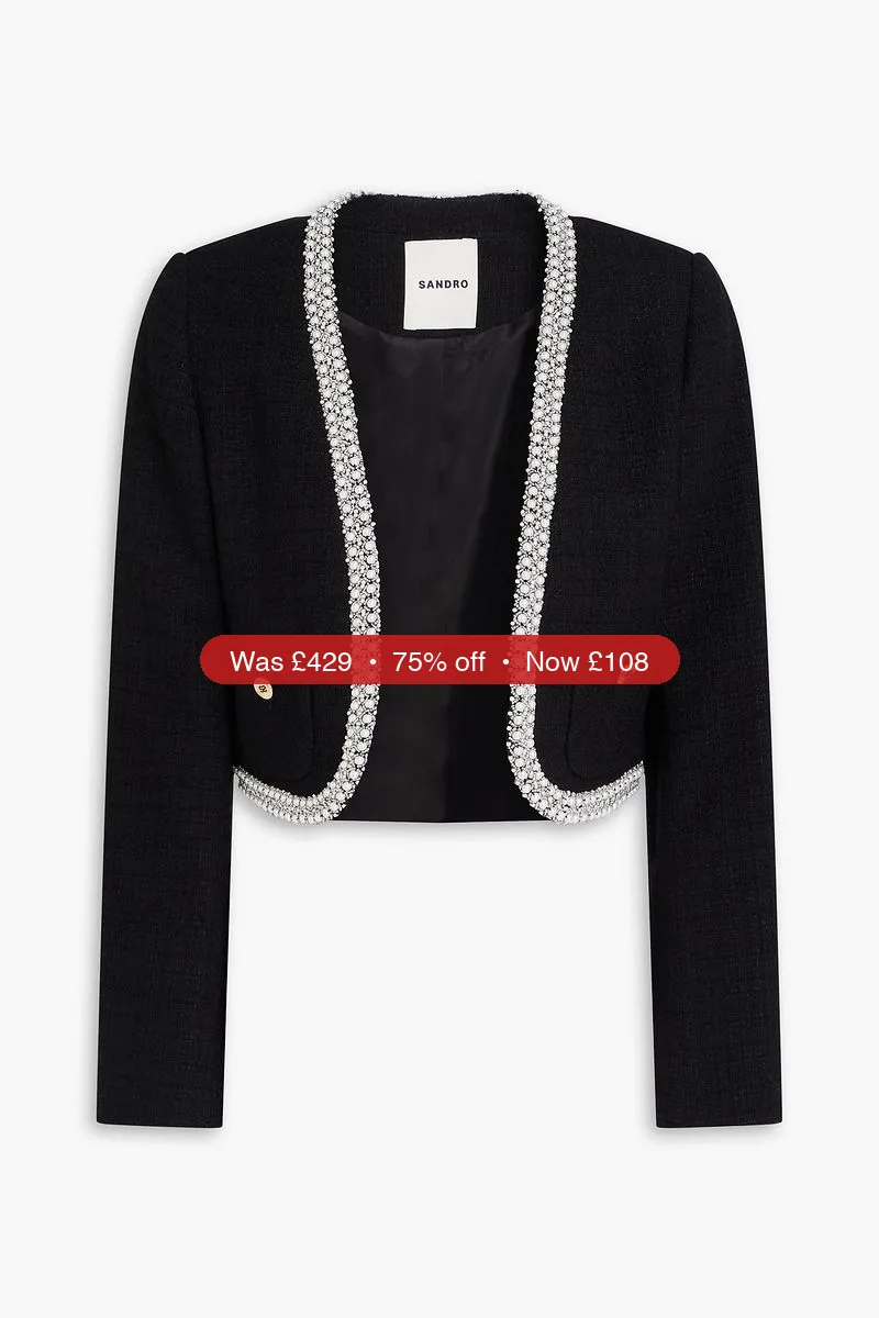 SANDRO Cropped embellished cotton-blend tweed jacket - 75% Off