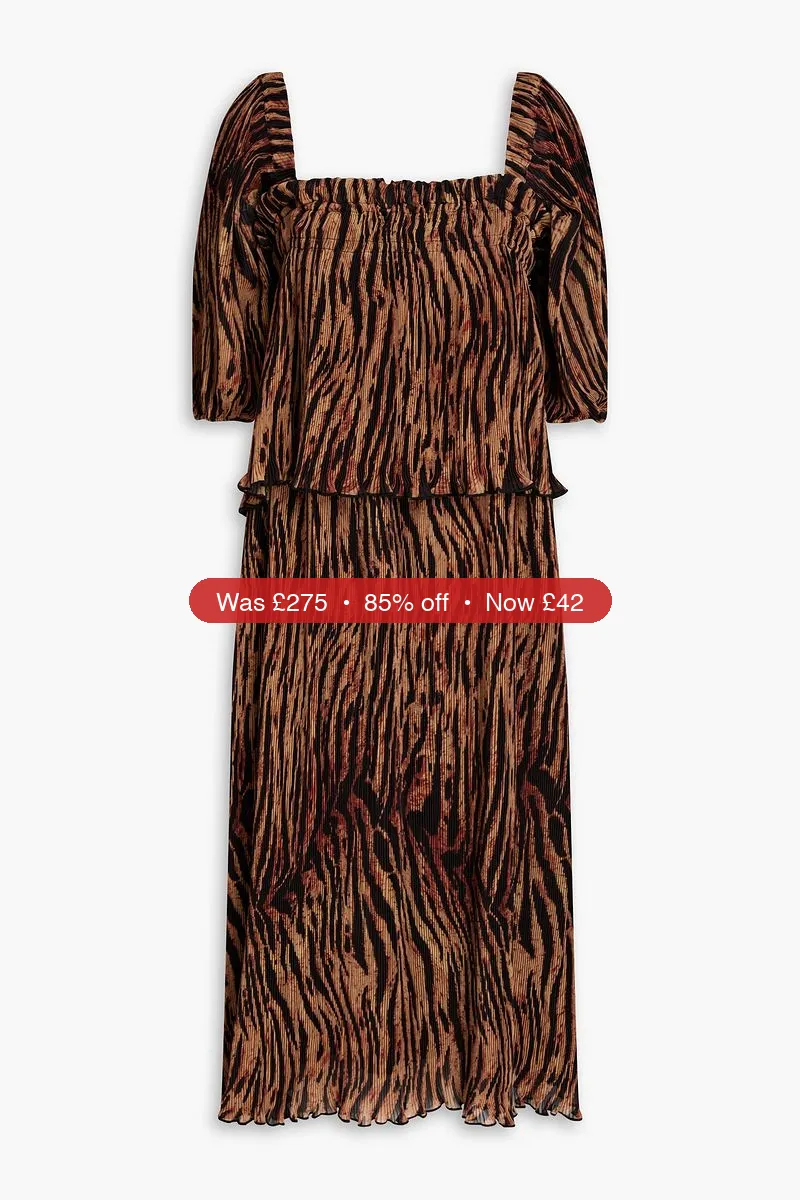 GANNI Layered tiger-print plissé-georgette midi dress - 85% Off