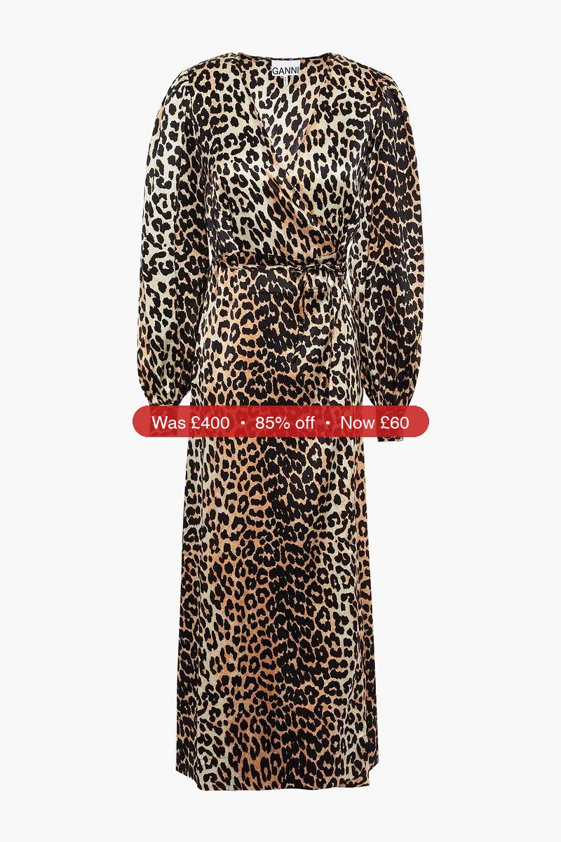 GANNI Leopard-print silk-blend satin midi wrap dress - 85% Off