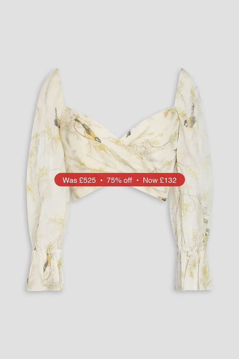 ZIMMERMANN Cropped printed plissé-organza top - 75% Off