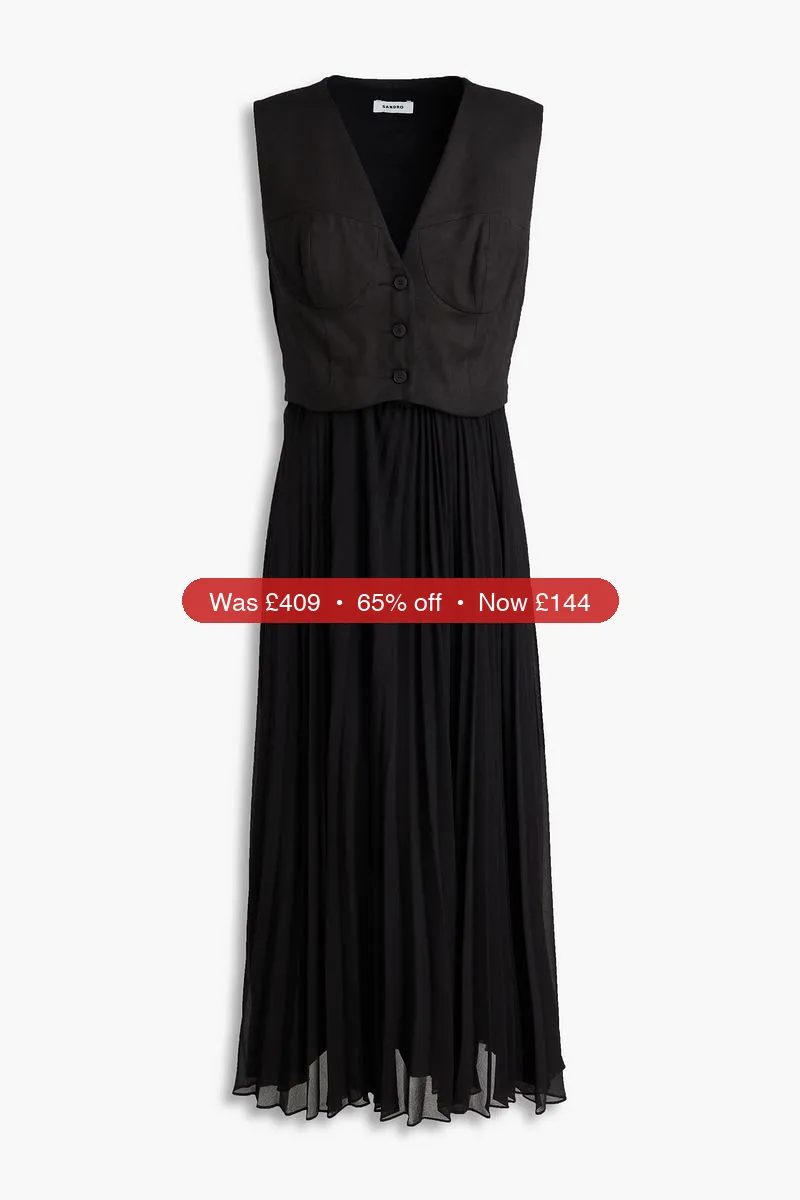 SANDRO Linen-blend twill and georgette midi dress - 65% Off