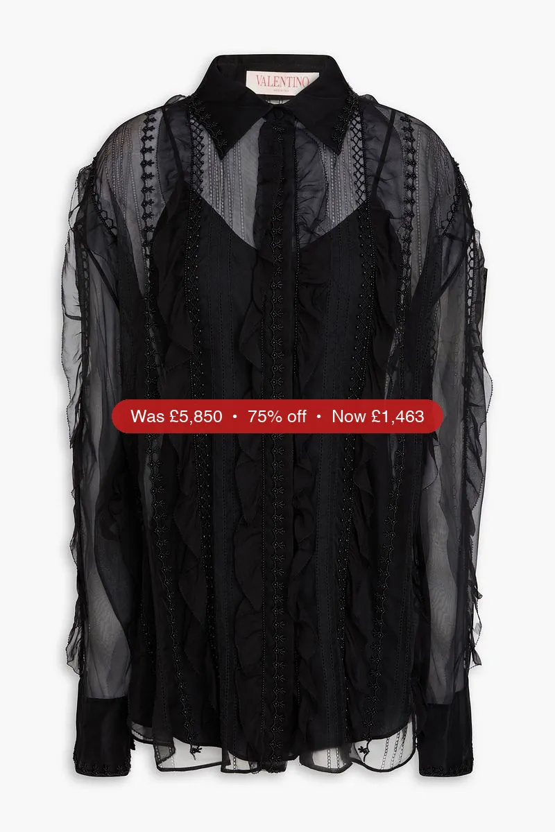 VALENTINO GARAVANI Bead-embellished ruffled silk-chiffon shirt - 75% Off