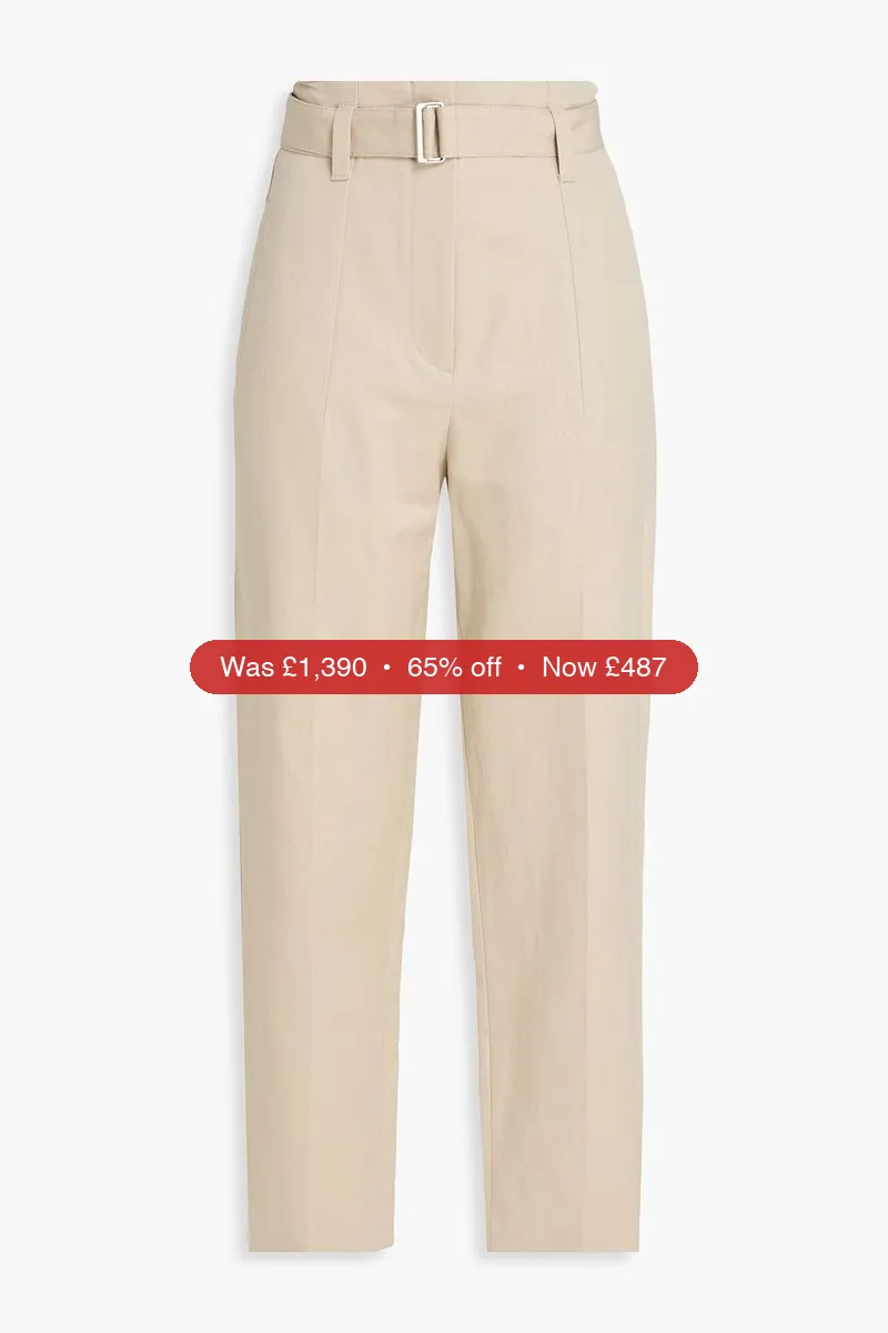 BRUNELLO CUCINELLI Belted cotton and linen-blend tapered pants - 65% Off