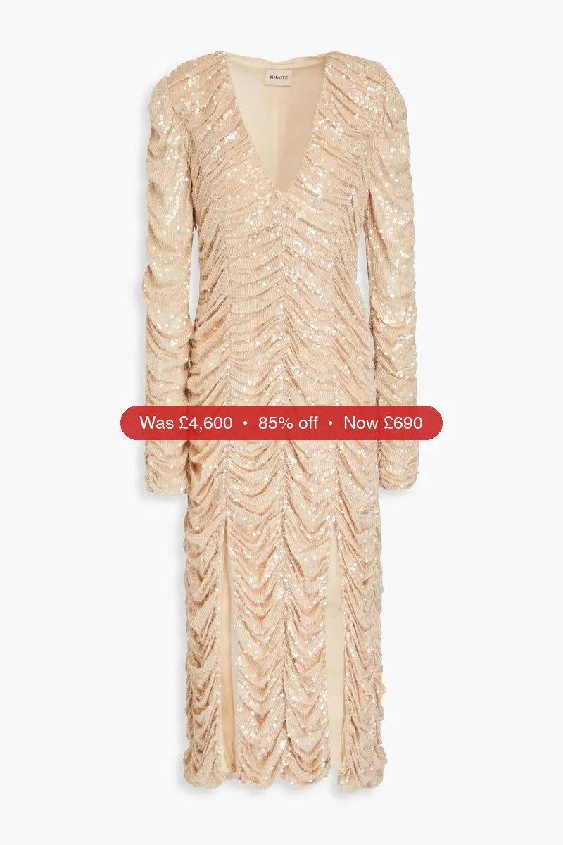 KHAITE Lana sequined ruched georgette midi dress - 85% Off