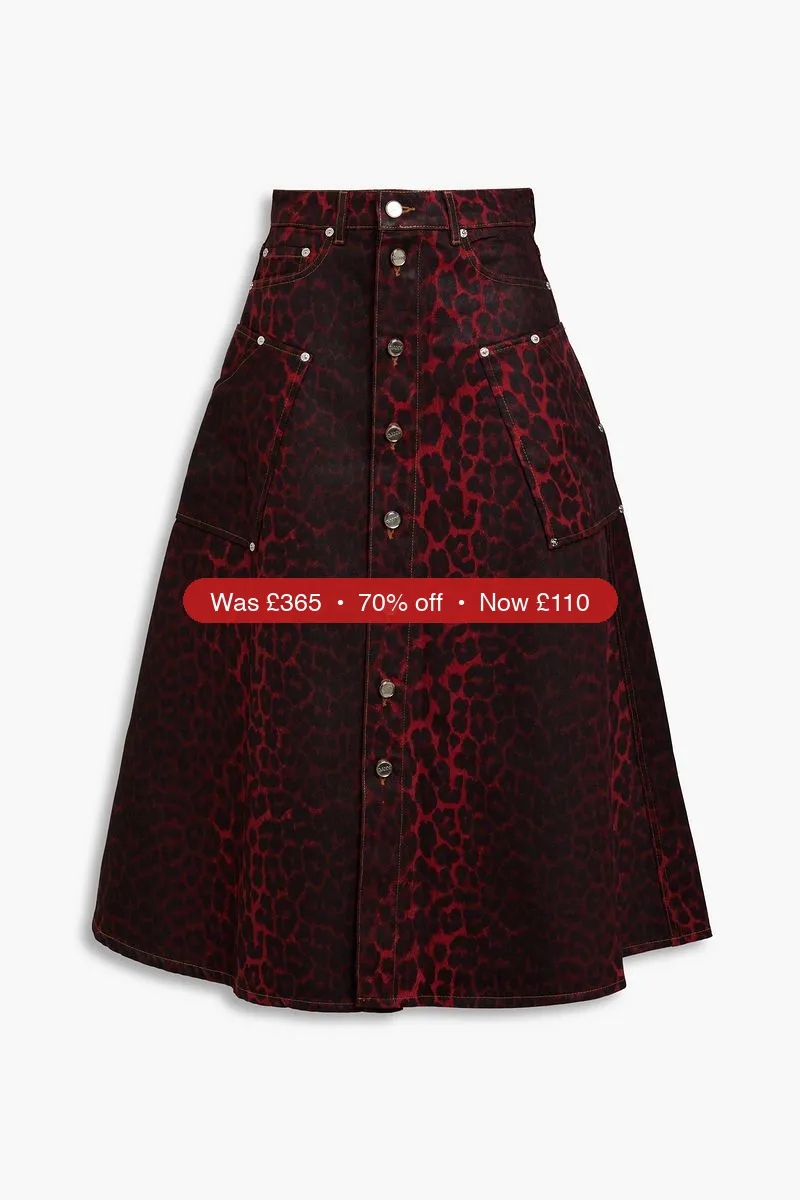 GANNI Leopard-print denim midi skirt - 70% Off