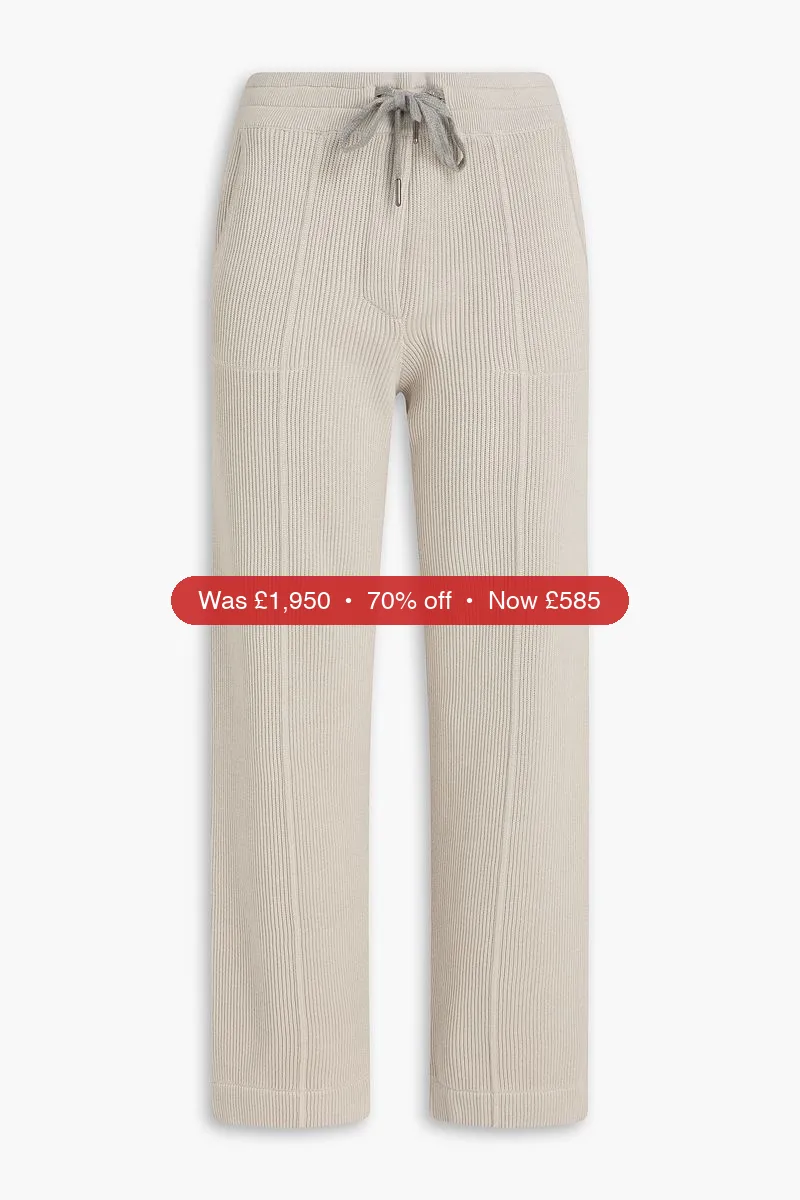 BRUNELLO CUCINELLI Bead-embellished ribbed cotton track pants - 70% Off